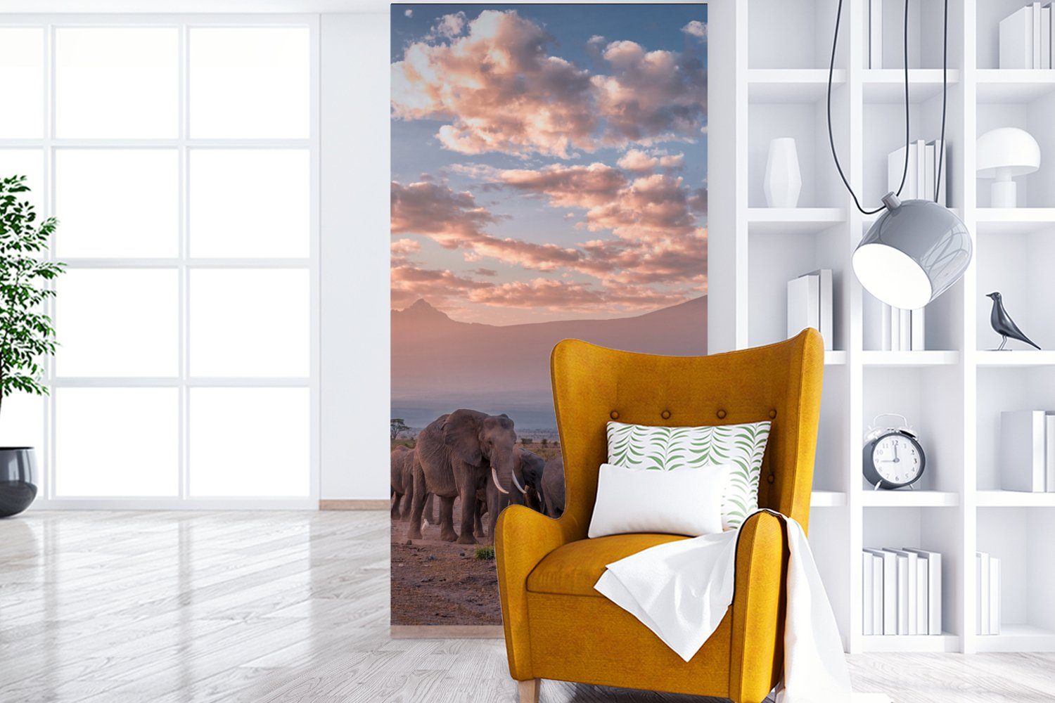 Schlafzimmer Tiere MuchoWow Küche, - für St), Elefant (2 bedruckt, Matt, Abend Landschaft Fototapete - - Savanne, Vliestapete - Fototapete Wohnzimmer