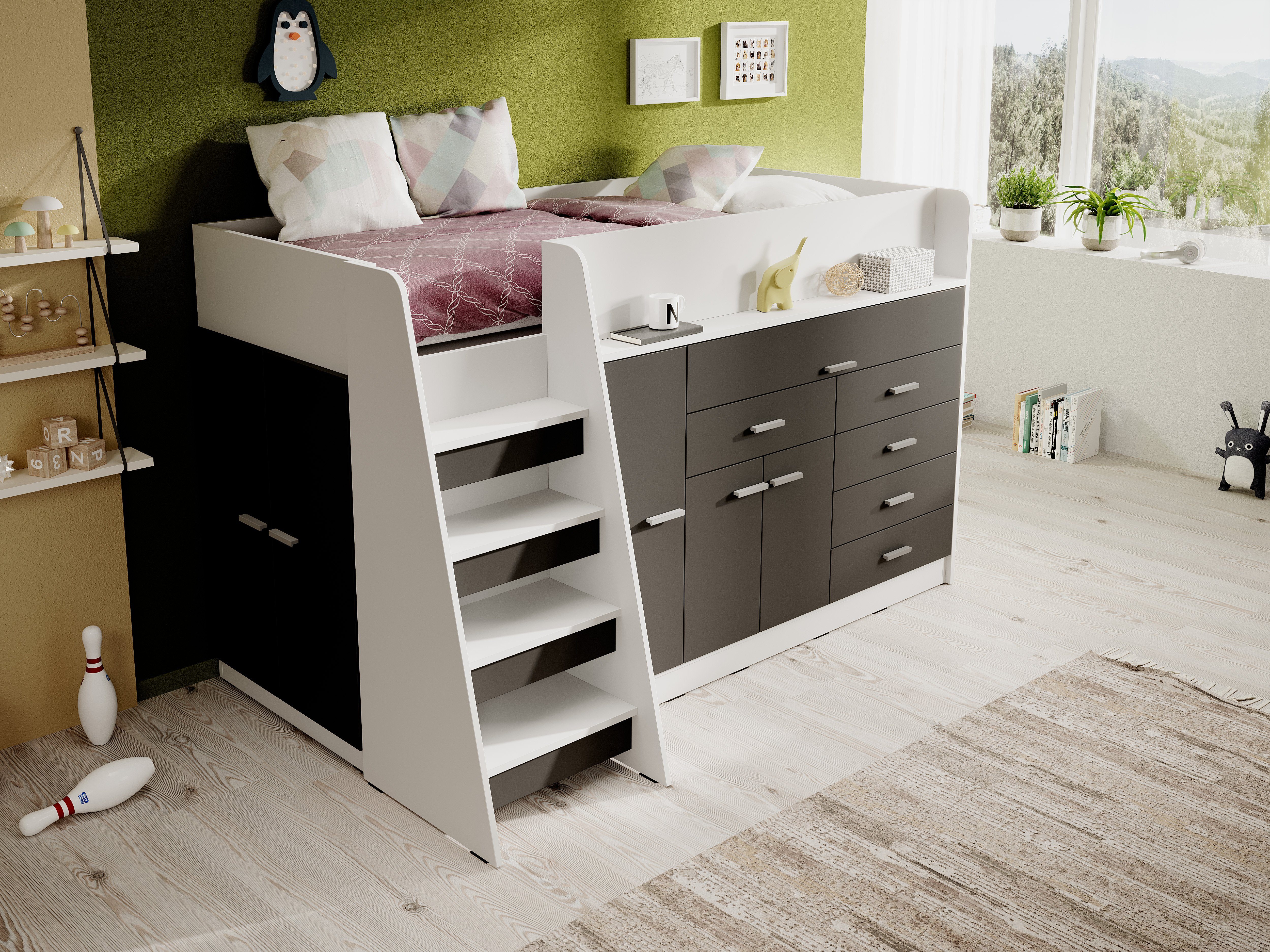 Möbel für Dich Hochbett Ingenio mit ausziehbarem Schreibtisch, Treppe und viel Stauraum mit Lattenrost Fronten schwarz