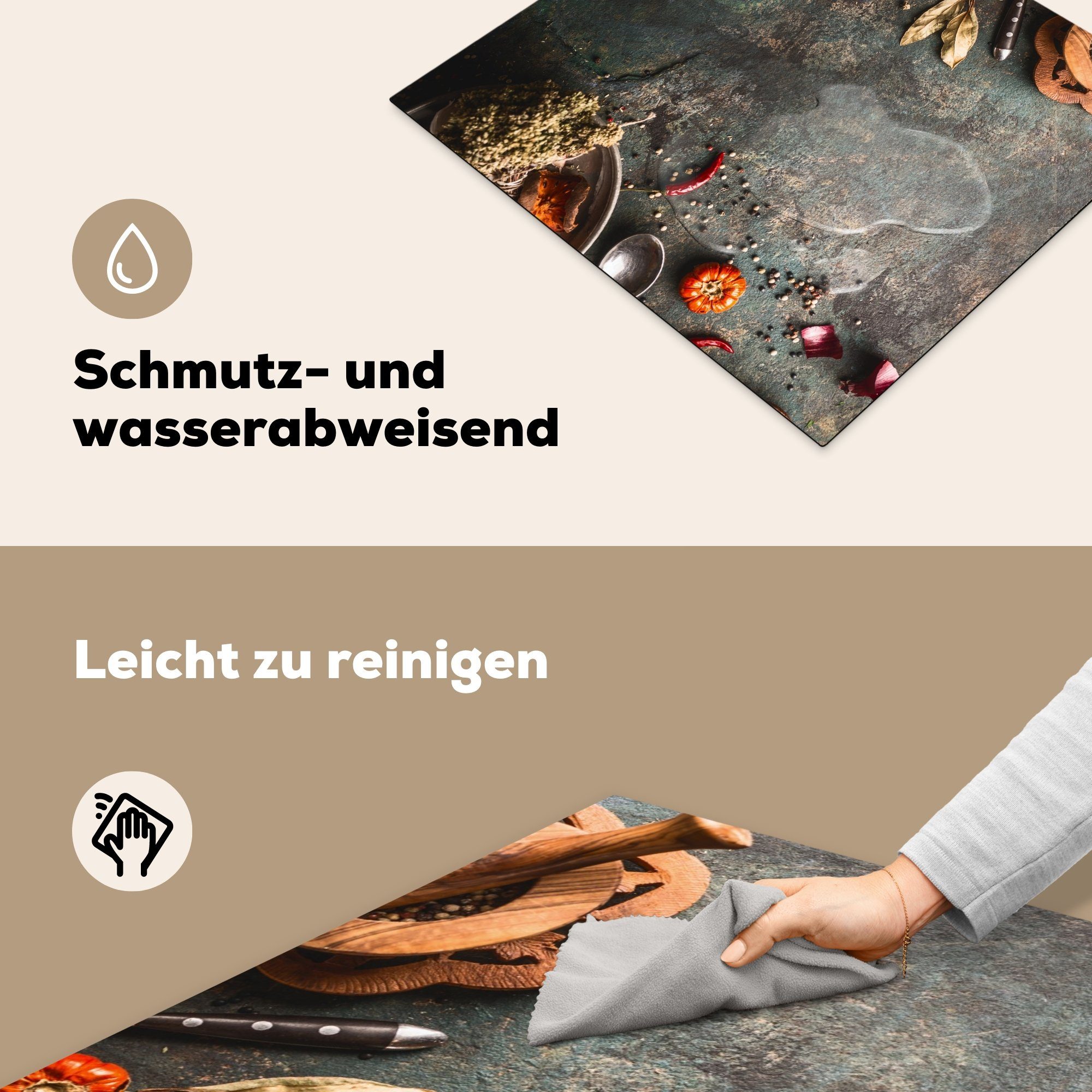 Kräuter, tlg), cm, Marmor - (1 Kürbis Ceranfeldabdeckung Herdblende-/Abdeckplatte Gemüse - Vinyl, Induktionsschutz, - 59x51 Rustikal MuchoWow Herbst - - Induktionskochfeld,