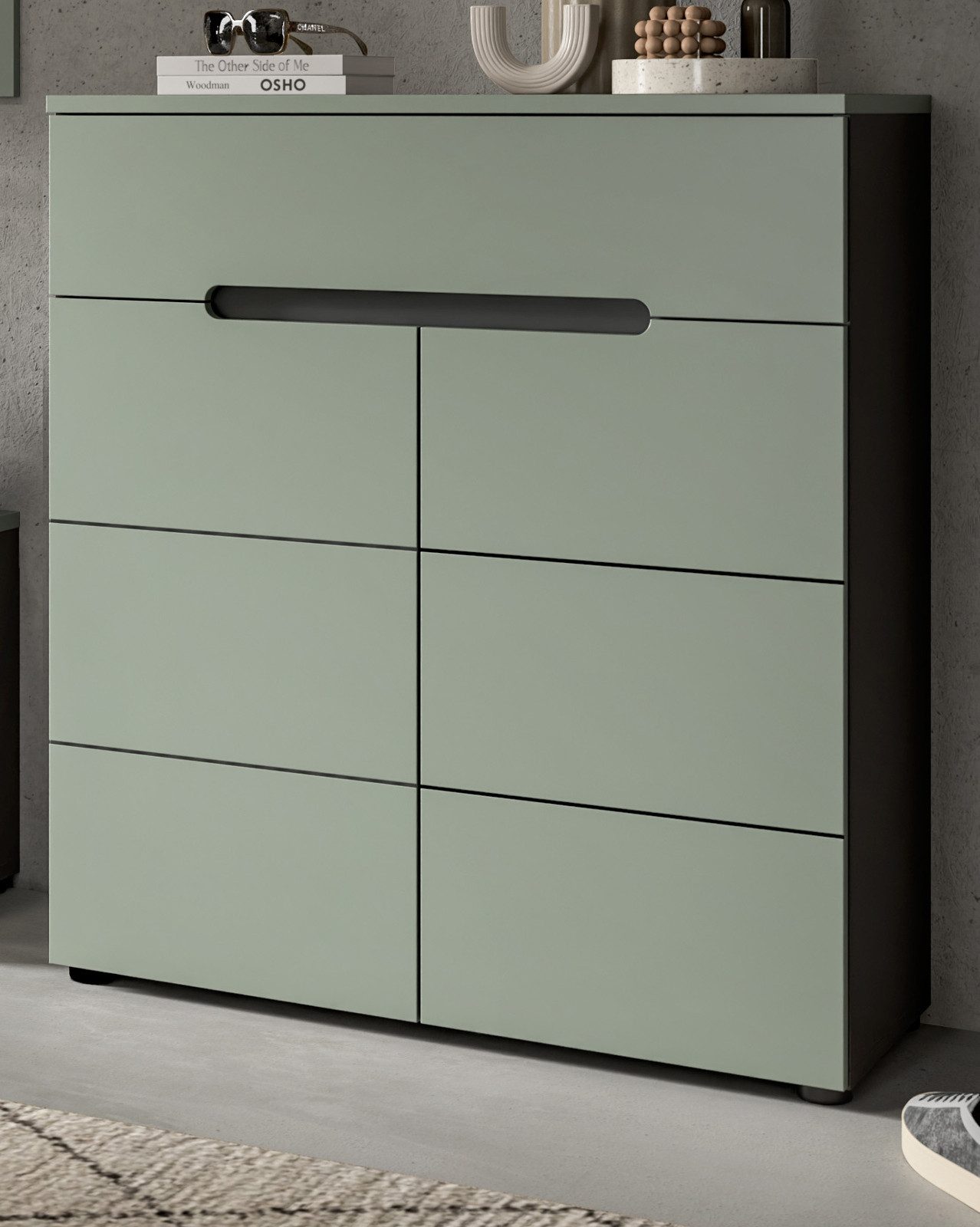 Inn.Furn Schuhkommode Cooper (Flur Kommode in dunklem Salbei Grün mit Basalt Grau, 80 x 94 cm), Vollauszug Schubkasten und Soft-Close-Funktion