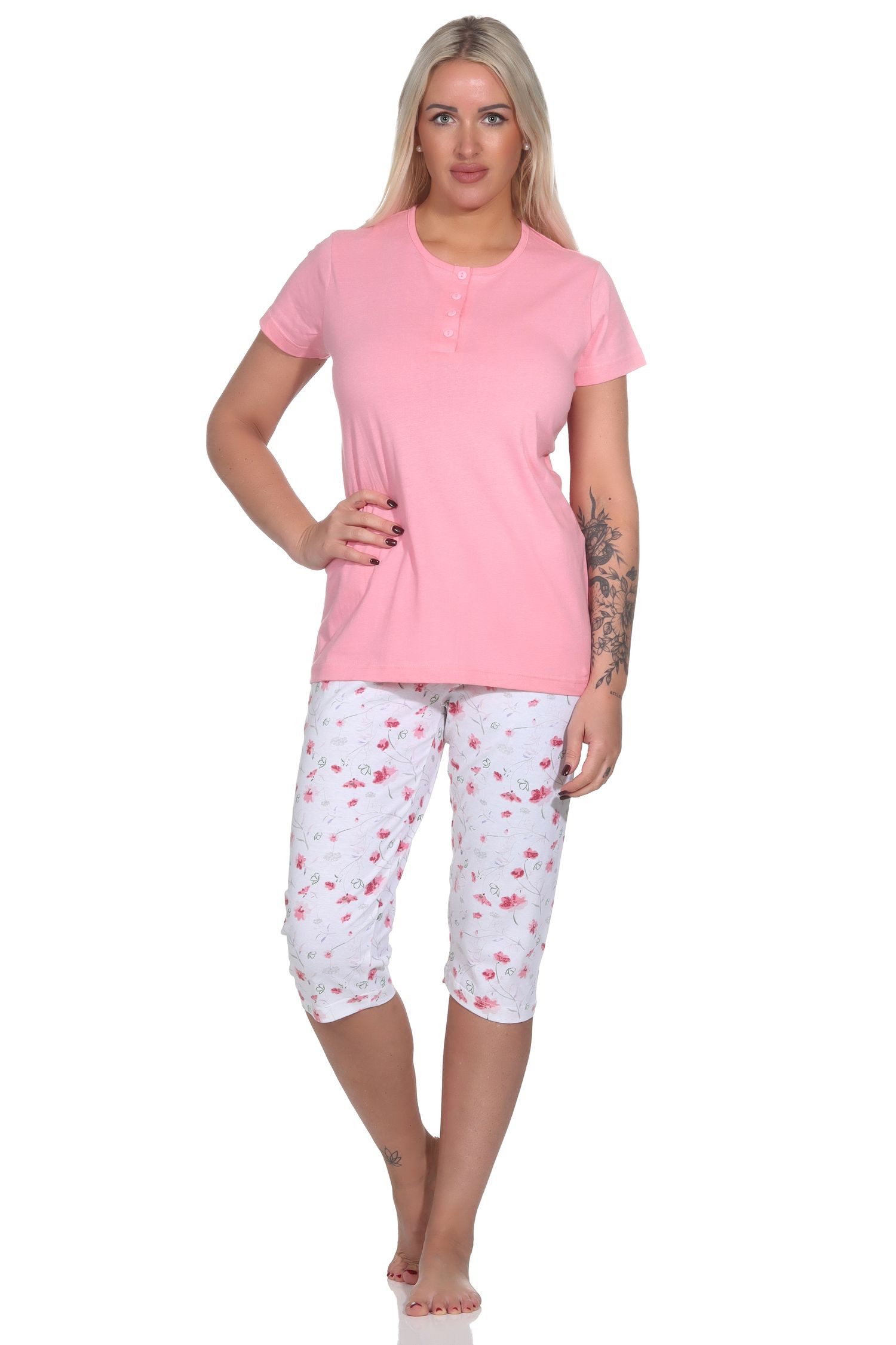 Normann Pyjama Eleganter Damen Capri Pyjama Schlafanzug mit Knopfleiste & Caprihose