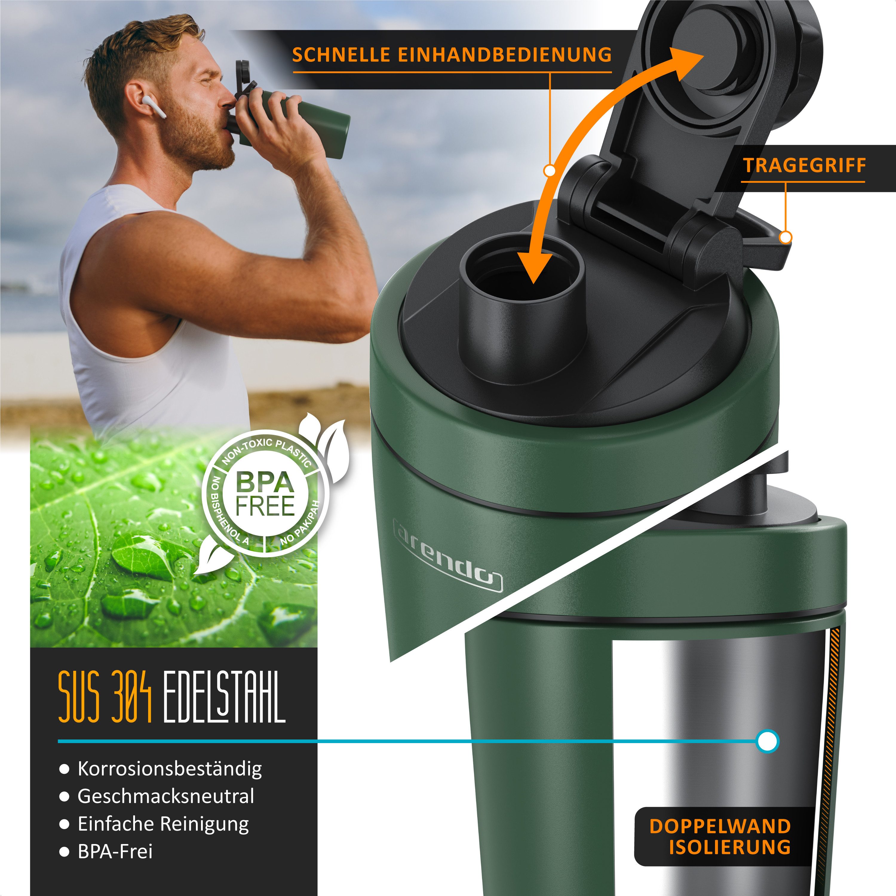 Arendo Protein Shaker Edelstahl Eiweißshaker 500 ml, verschließbar, bruchfest, BPA-frei, Edelstahl, auslaufsicher, spülmaschinengeeignet, mit Tragegriff und Mixball