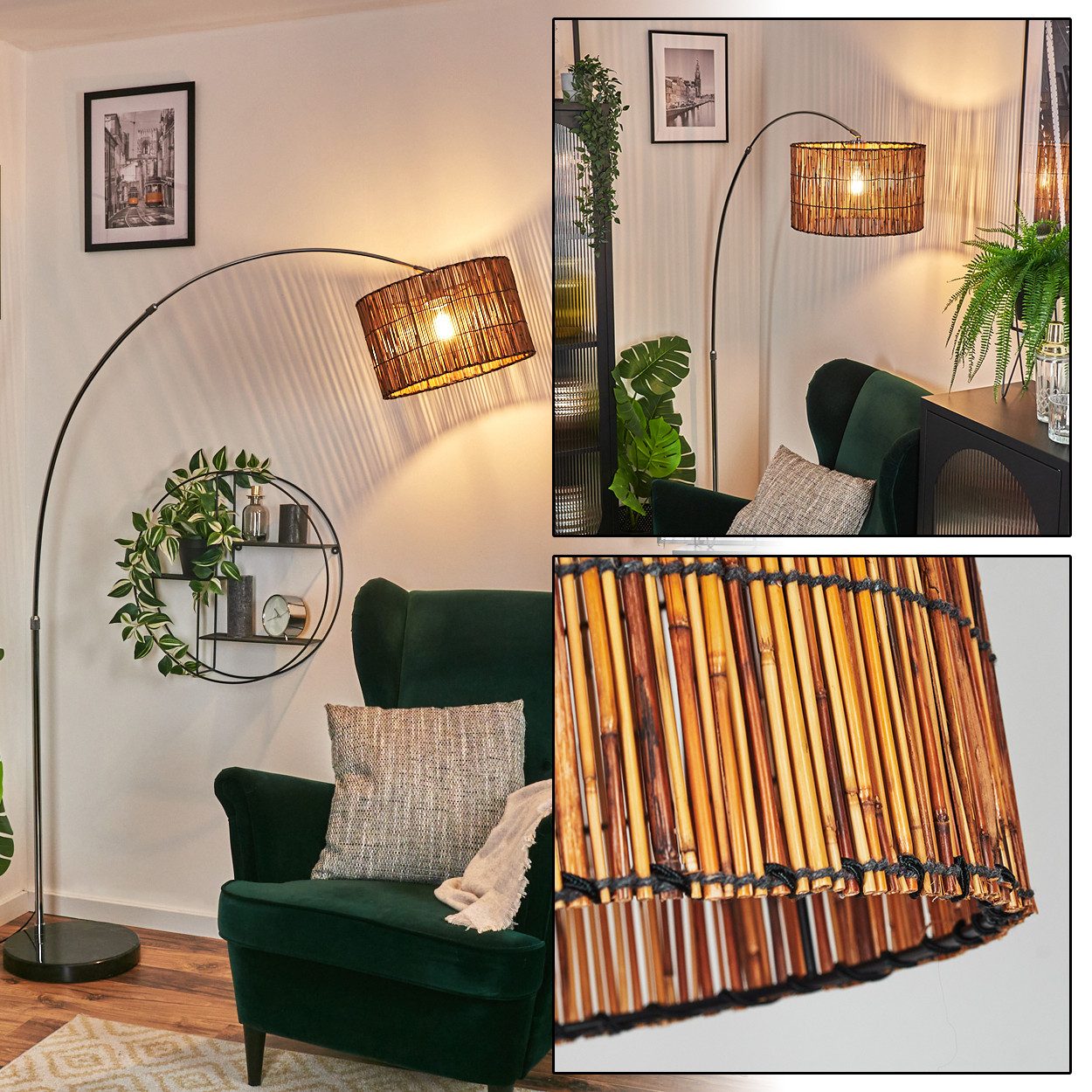 hofstein Bogenlampe Stehlampe aus Metall/Bambus in Schwarz/Chrom-/Naturfarben, verstellbare Stehleuchte mit Marmorfuß und Fußschalter, E27