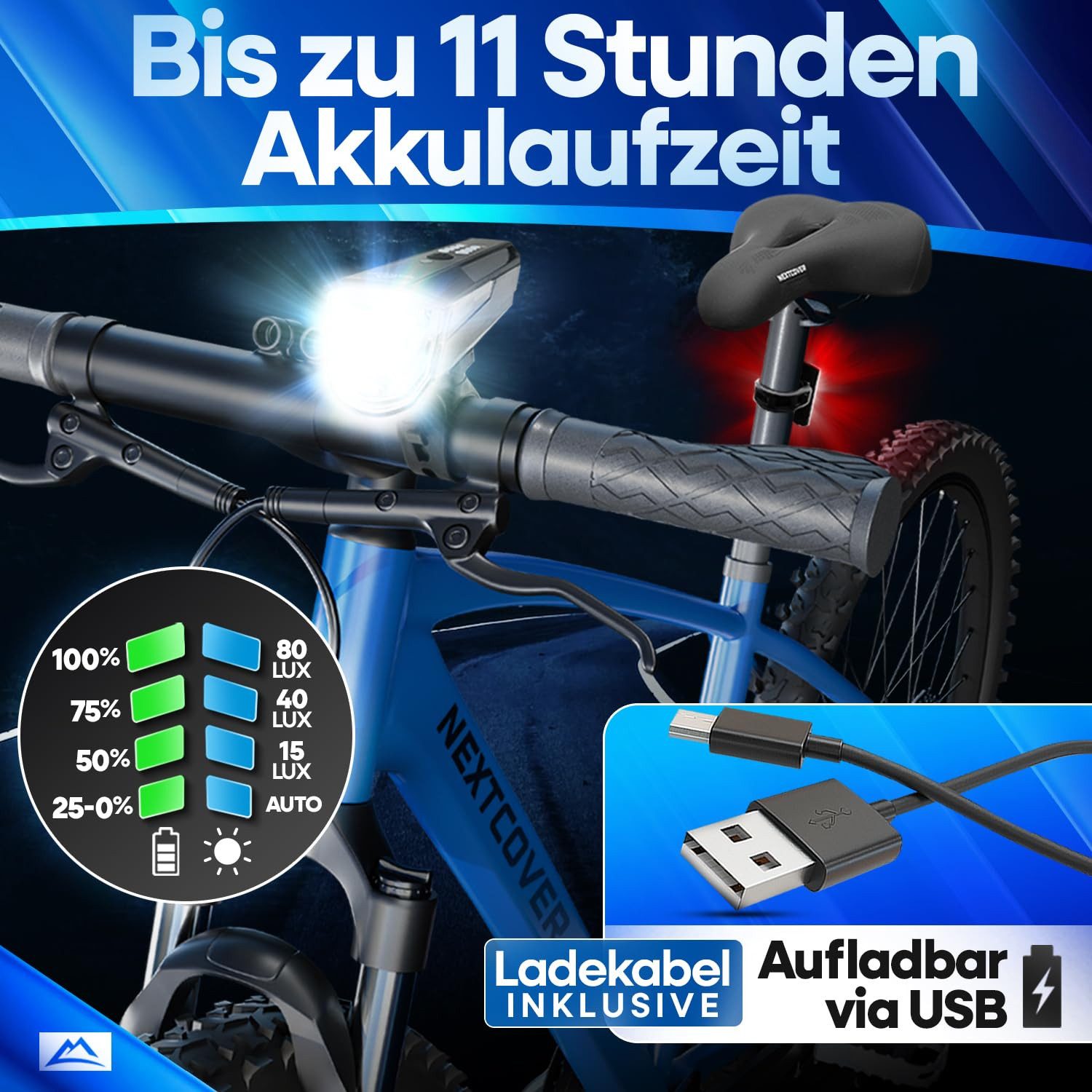 Nextcover Fahrradbeleuchtung NEXTCOVER® Fahrradlicht Set mit [LightSense] Sensor & 11h Akkulaufzeit – Bild 3 von 5