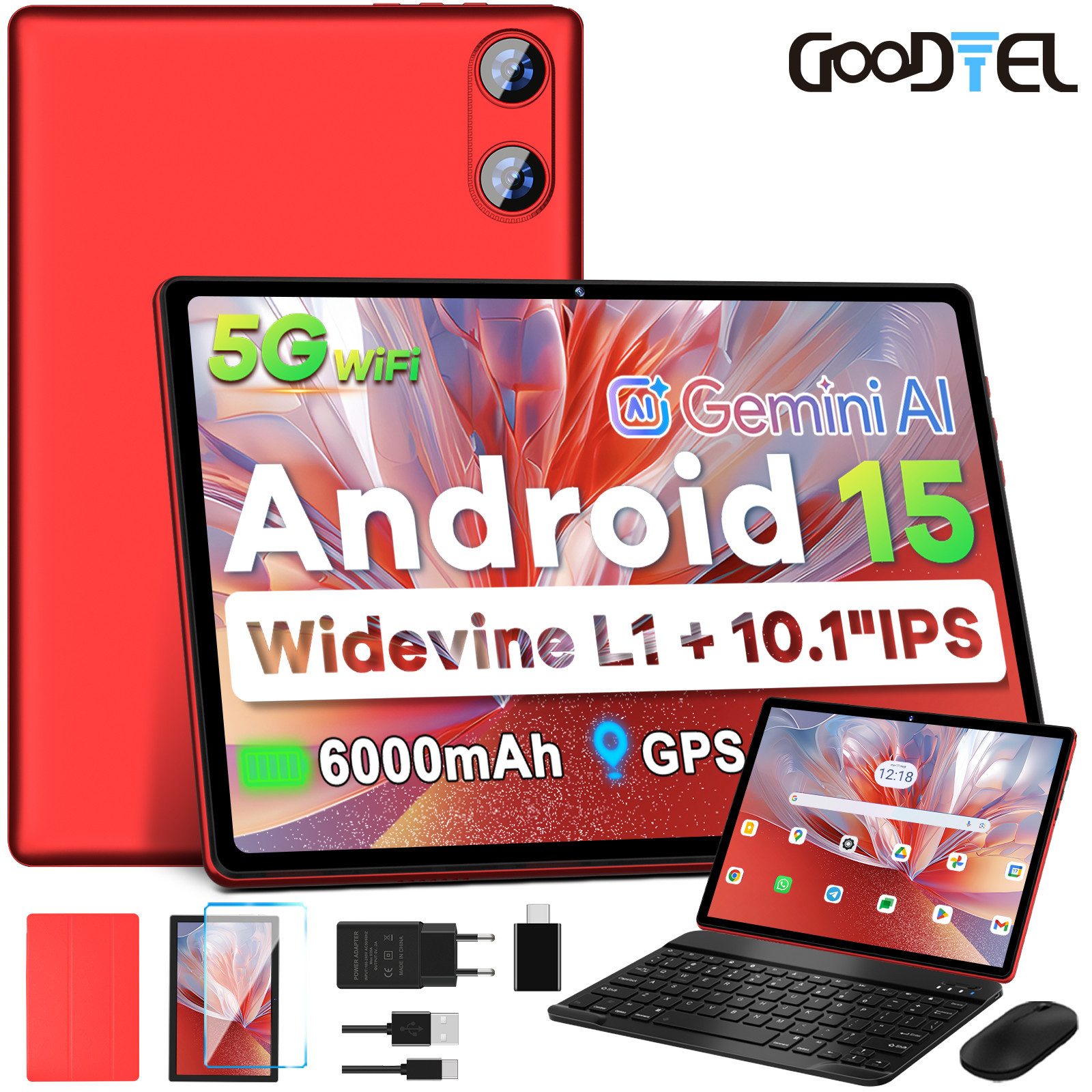 GOODTEL Tablet Android 15, WiFi, 30GB RAM 64GB Speicher erweitern bis zu 1TB Tablet (10,1", Android 15, 64GB Speicher/erweiterbar auf 512TB,6000mAh,Gemini AI,WiFi,Widevine L1)