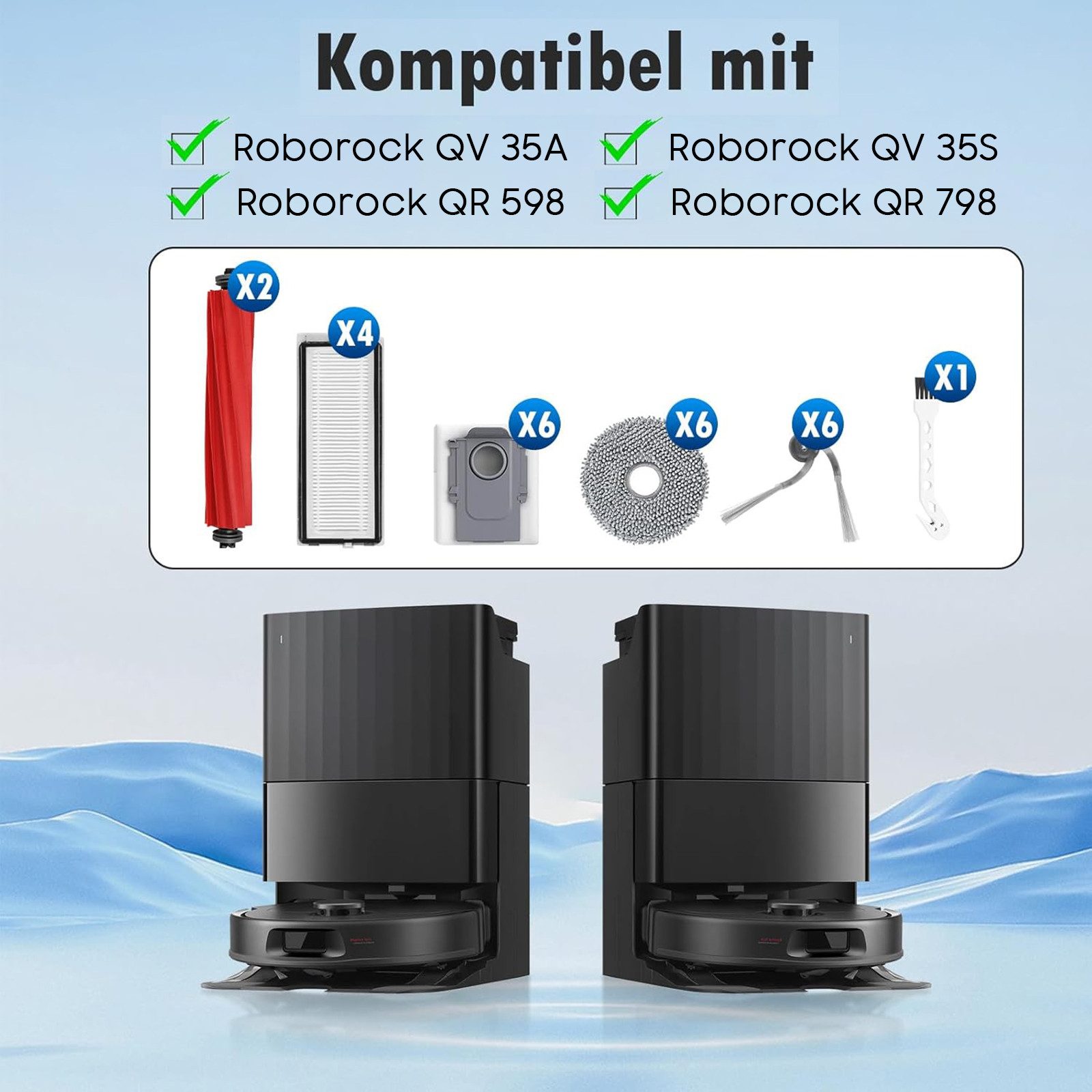 SURFOU Saugroboter Zubehör-Set 25-teilig für Roborock Qrevo, QV35A, QV35S – inkl. Reinigungsbürste, 2 Hauptbürsten 4 HEPA Filter 6 Mopptücher 6 Seitenbürsten 6Staubbeutel