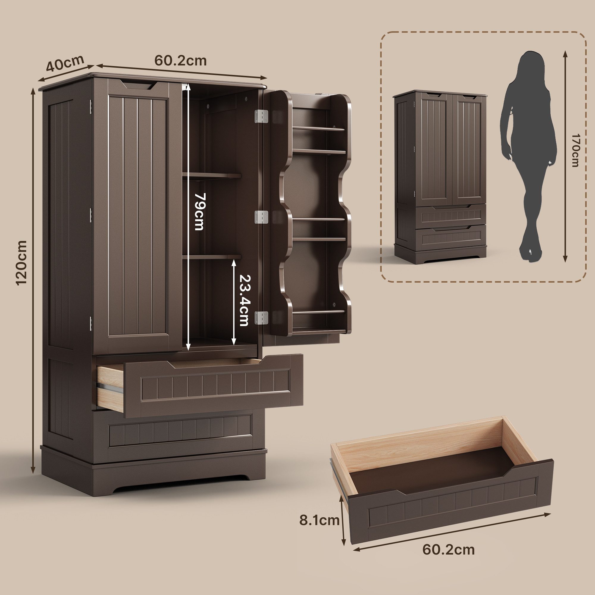Bealife Sideboard hoher Küchenschrank mit 2 Schubladen und 2 Türen, Vorratschrank, Weiß – Bild 5 von 5