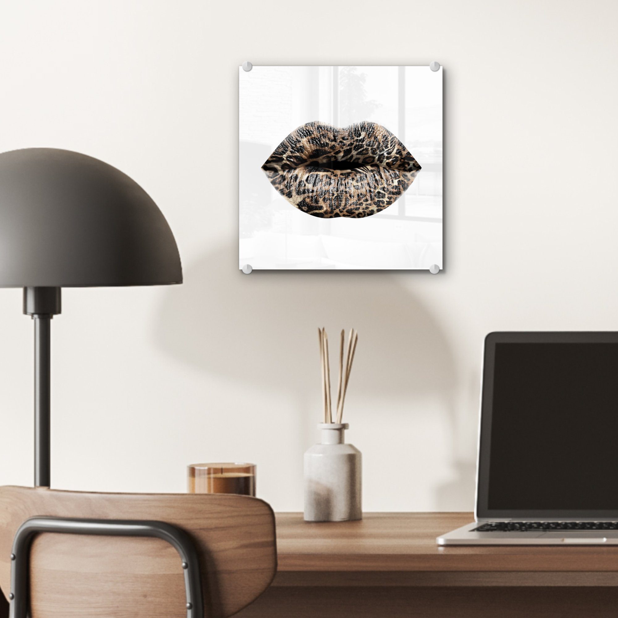 MuchoWow Acrylglasbild Lippen - Bilder Wandbild Tigerdruck Wanddekoration Glasbilder - Weiß, St), Glas (1 - Glas - auf auf - Foto