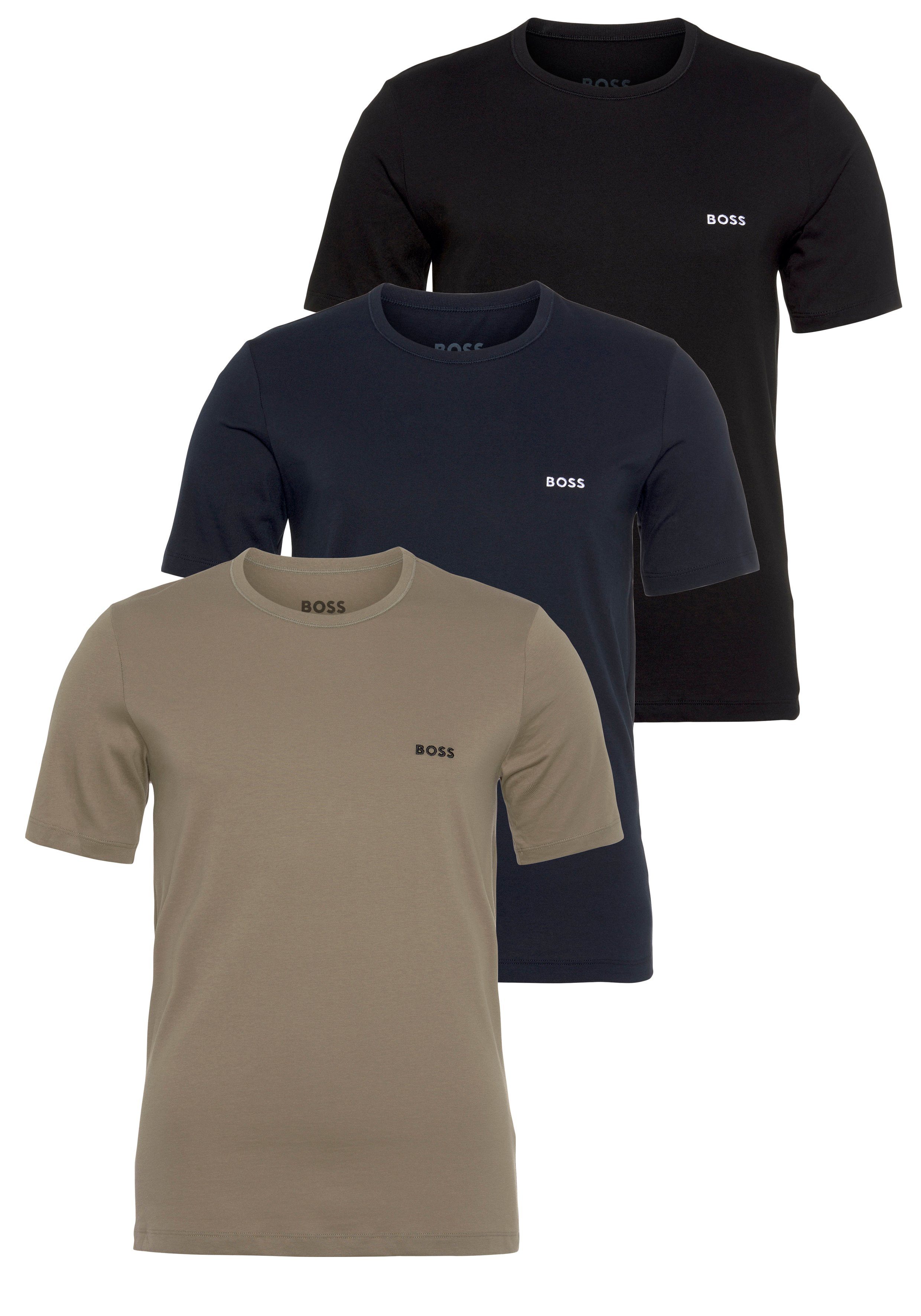 BOSS T-Shirt TShirtRN 3P Classic (3-tlg) mit dezenter Logostickerei an der Brust schwarz-braun-blau