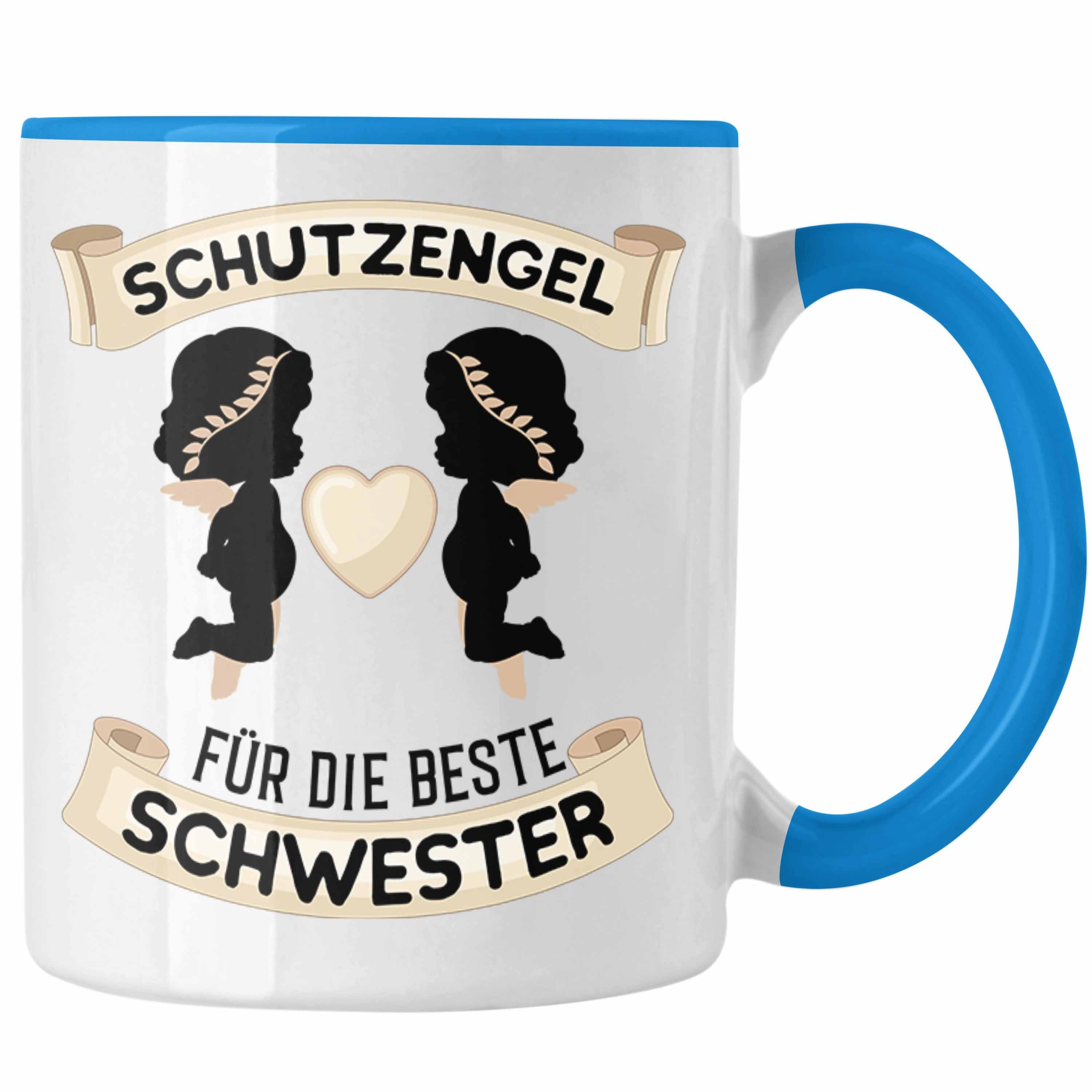 Trendation Tasse Trendation - Schutzengel Schwester Tasse Geschenk für Schwester Geschenkidee Beste Schwester Geburtstag Blau