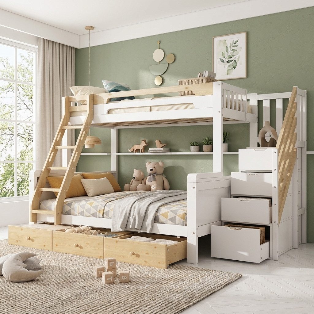 Flieks Etagenbett, Kinderbett 90/140x200cm mit Stauraumtreppe, Leiter, 3 Schubladen
