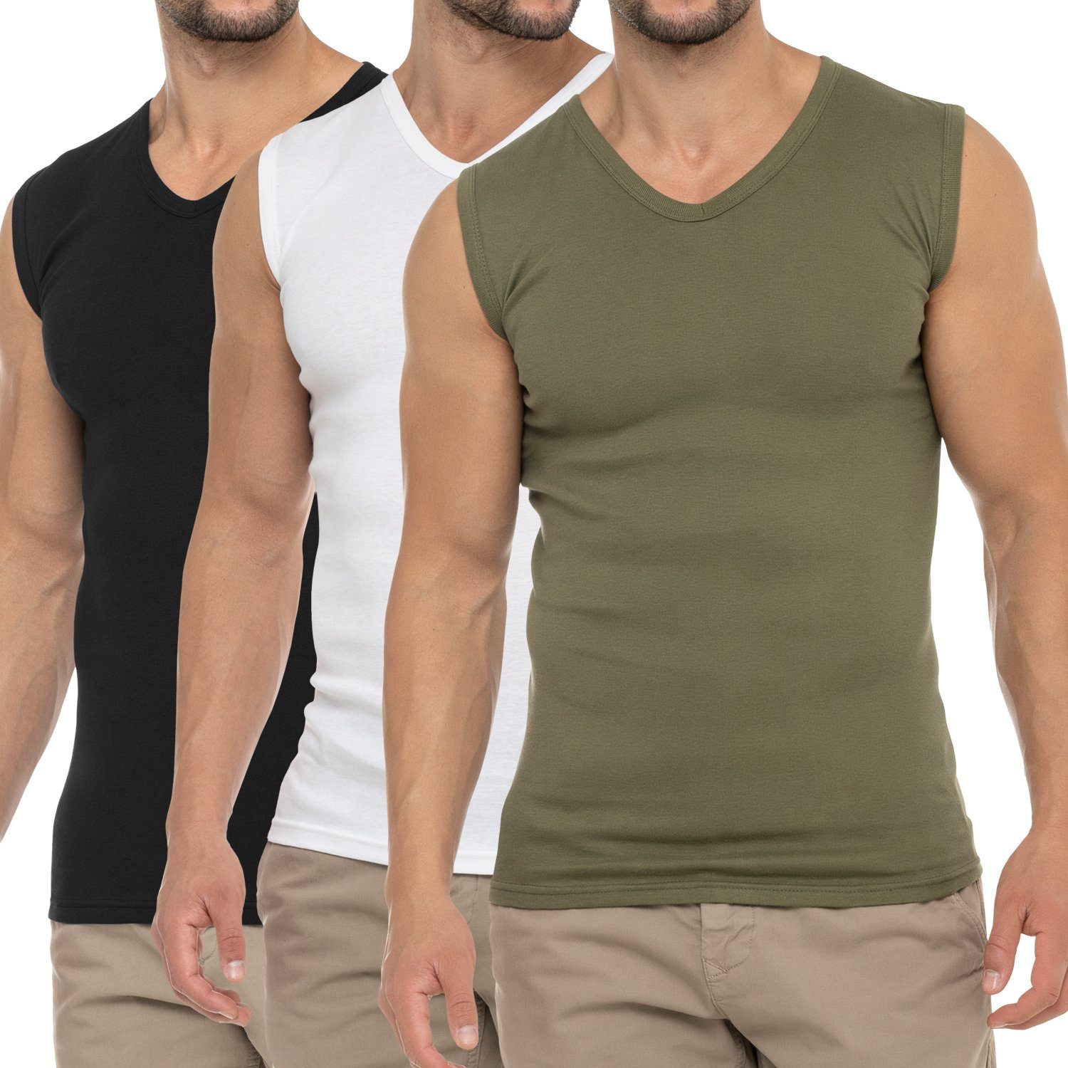 Pack) Shirt celodoro Schwarz / Business Muscle Olive Herren Weiss V-Neck (3er Muskelshirt Unterhemd /