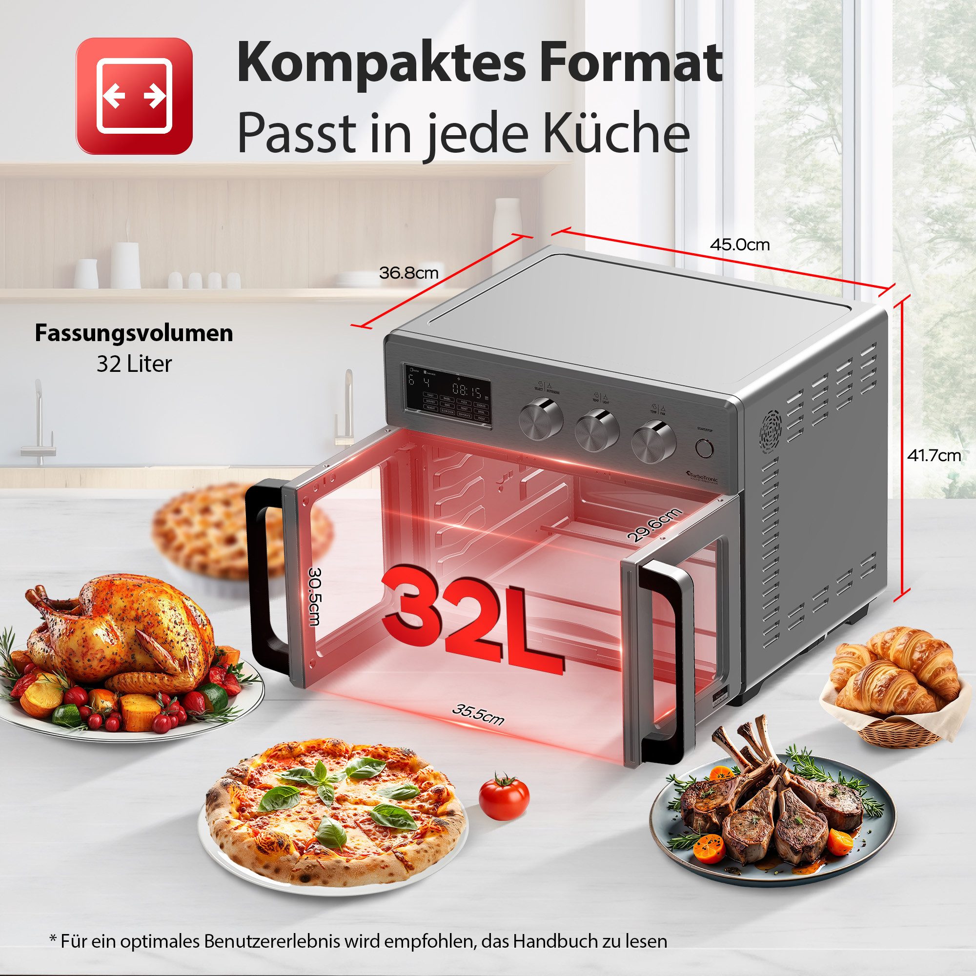 TurboTronic by Z-Line Minibackofen 1700 W, 32 l Mini Backofen mit Airfryer, Umluft, Drehspieß, Pizzaofen, 12 Programme, 25-230 Grad, LED-Touchdisplay, 5 Ebenen, 72-h-Timer
