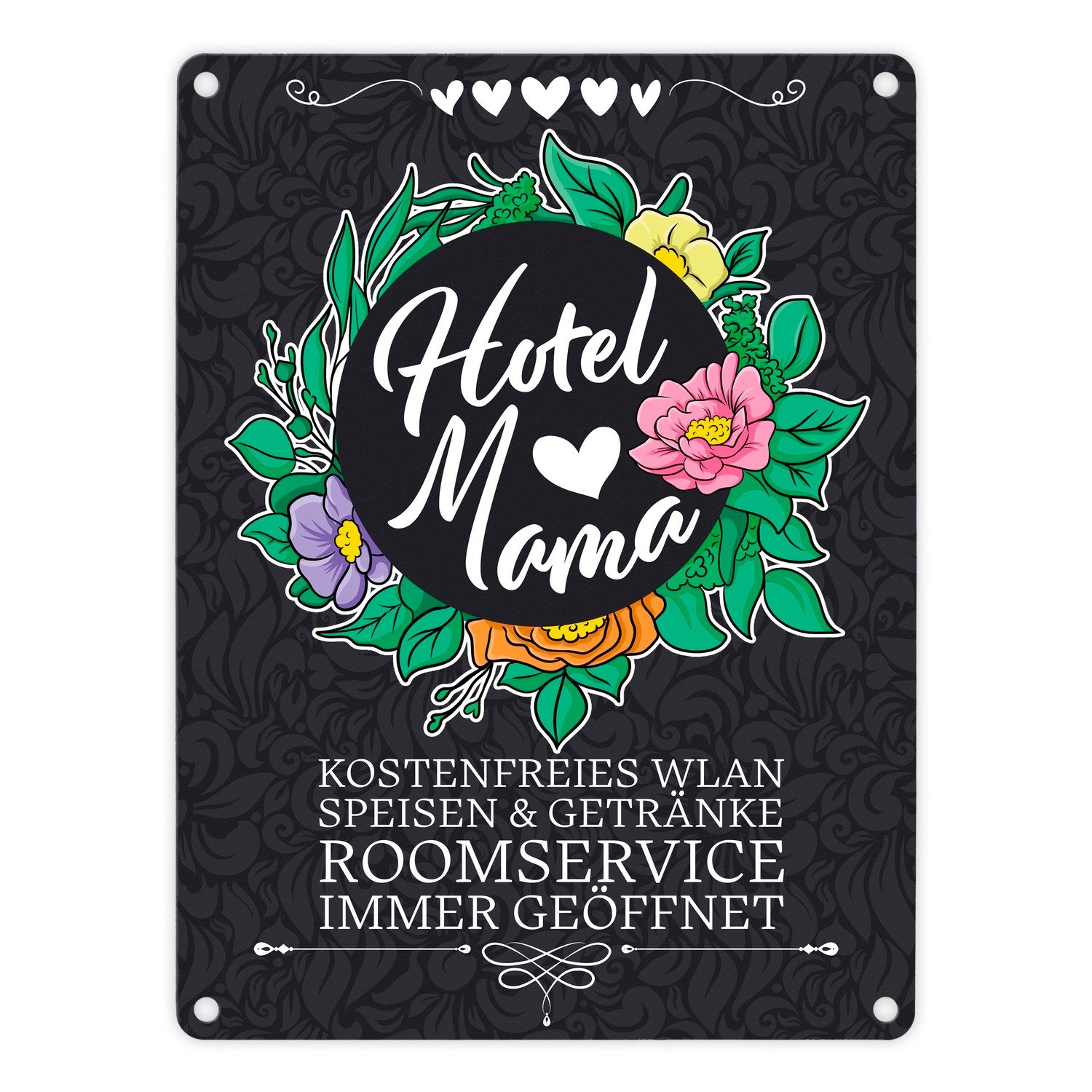 Metallschild Hotel Mama Metallschild mit floralen Mustern und Aufschriften Schild