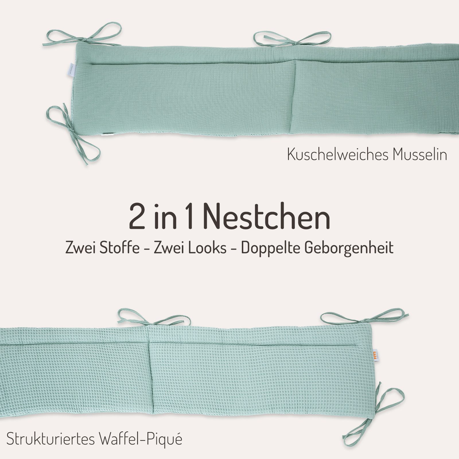 FabiMax Bettnestchen Musselin + Waffel-Piqué 2 in 1 Nestchen für Beistellbett Boxspring, 2in1 Wendedesign, 100% Baumwolle, Made in EU – Bild 2 von 2