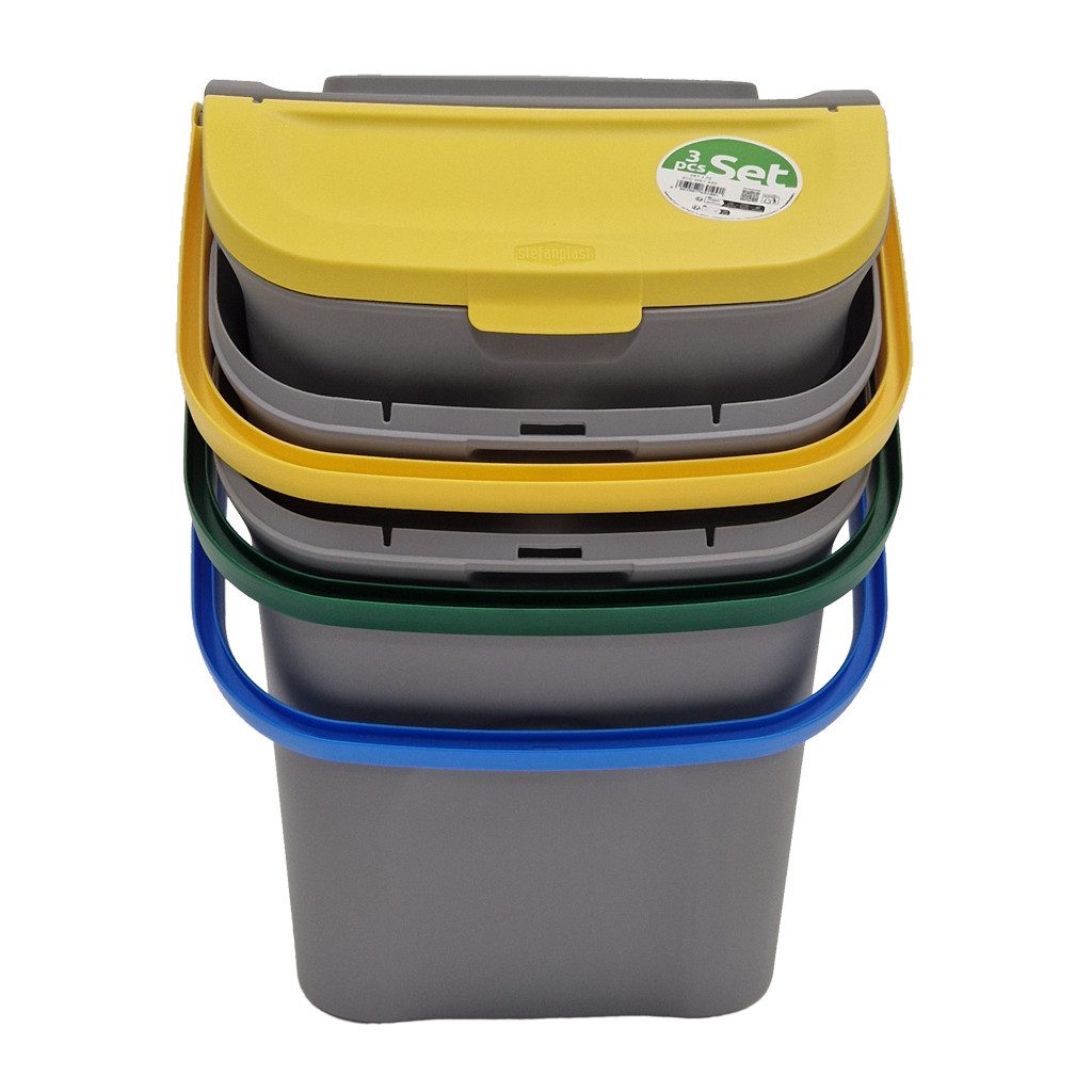 Kreher Mülltrennsystem Set: 3 x Mülleimer, Mülltrennsystem in Grau (Deckel:Gelb,Gruen,Blau)
