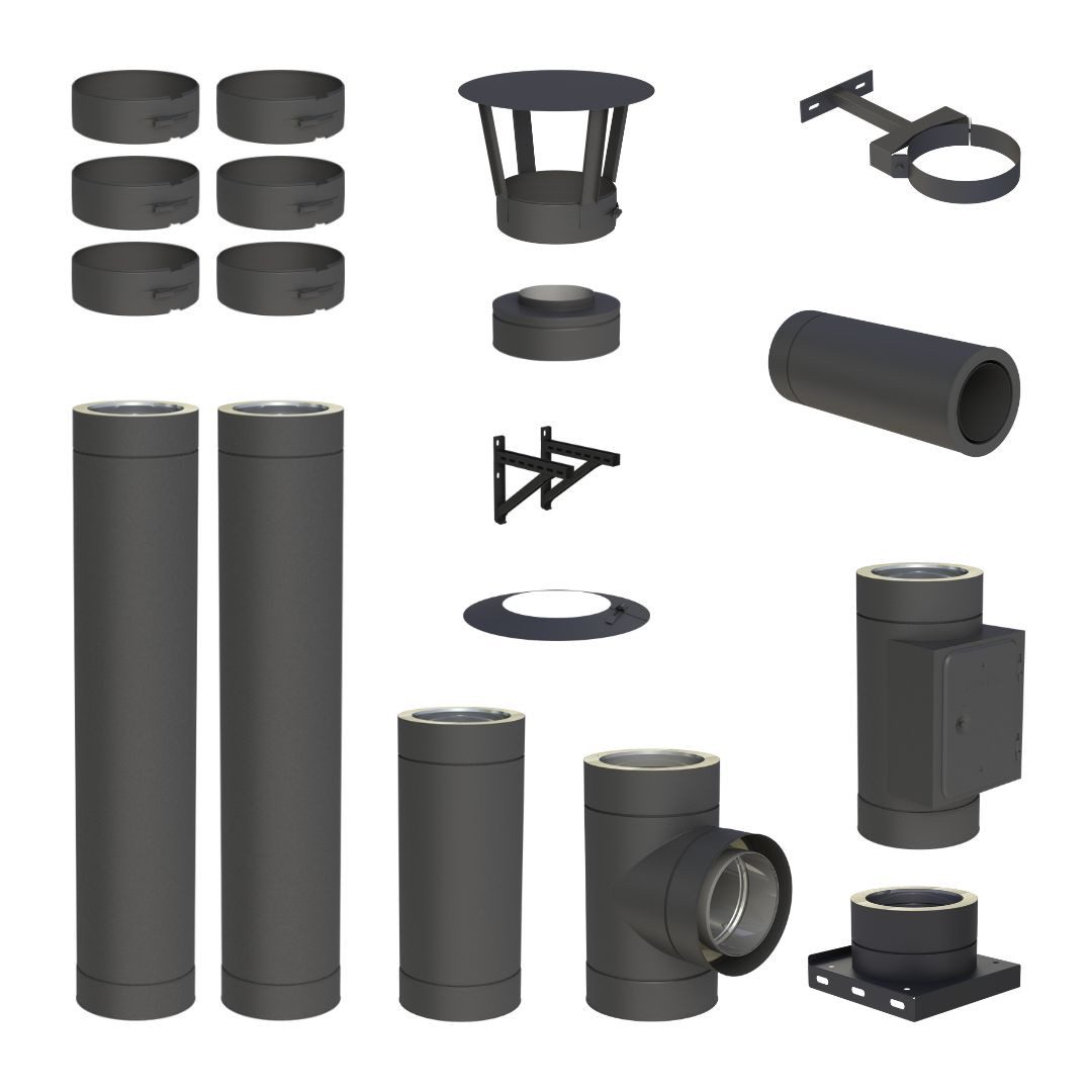 Jeremias Schornstein 3, 3 m EdelstahlSchornstein Ø180mm Komplettset DW DW-Black Wandmontage, Ø 180 mm
