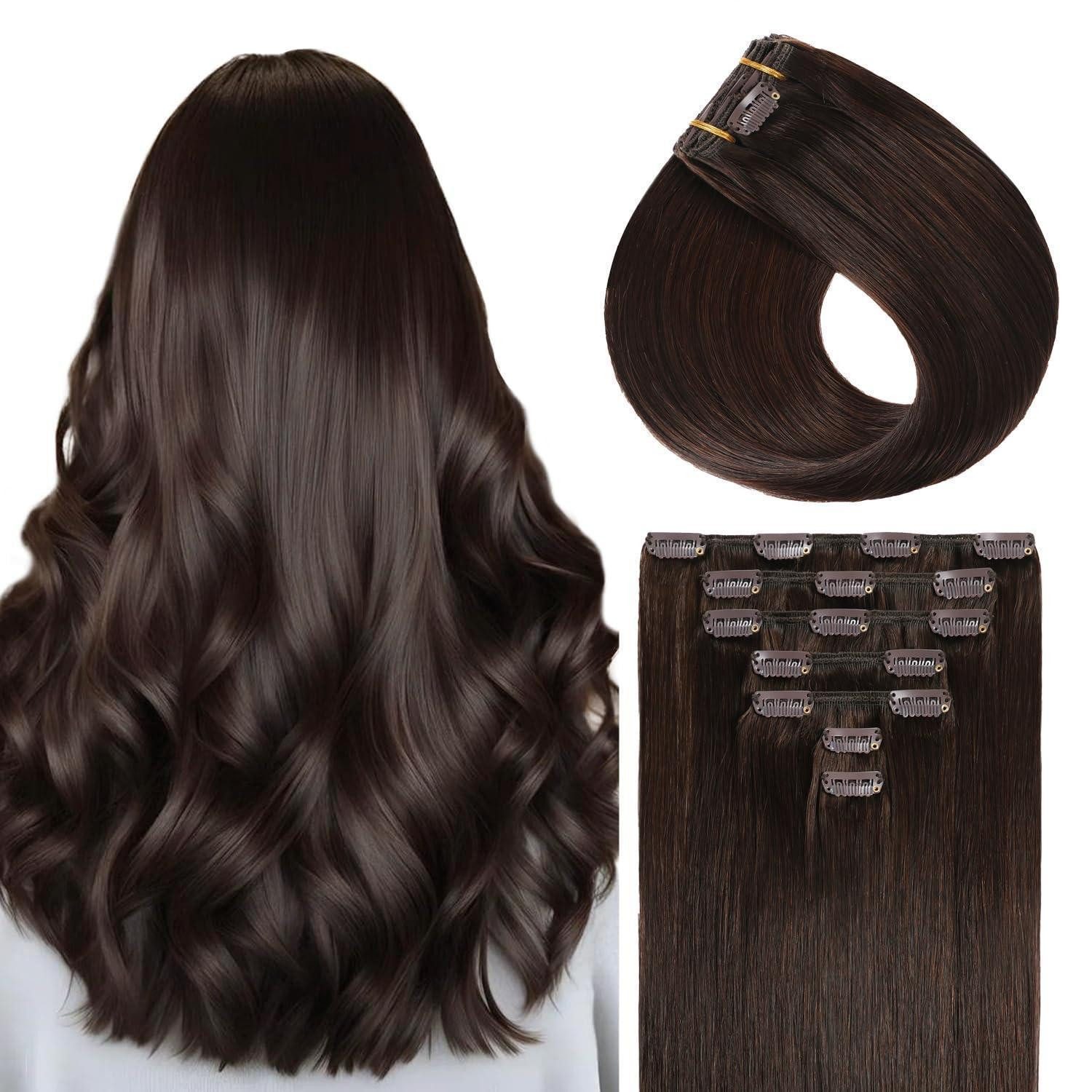 LuxusKollektion Echthaar-Extension Extensions Clip in Echthaar Remy Glatt 30cm-70g #2 Dunkel Braun