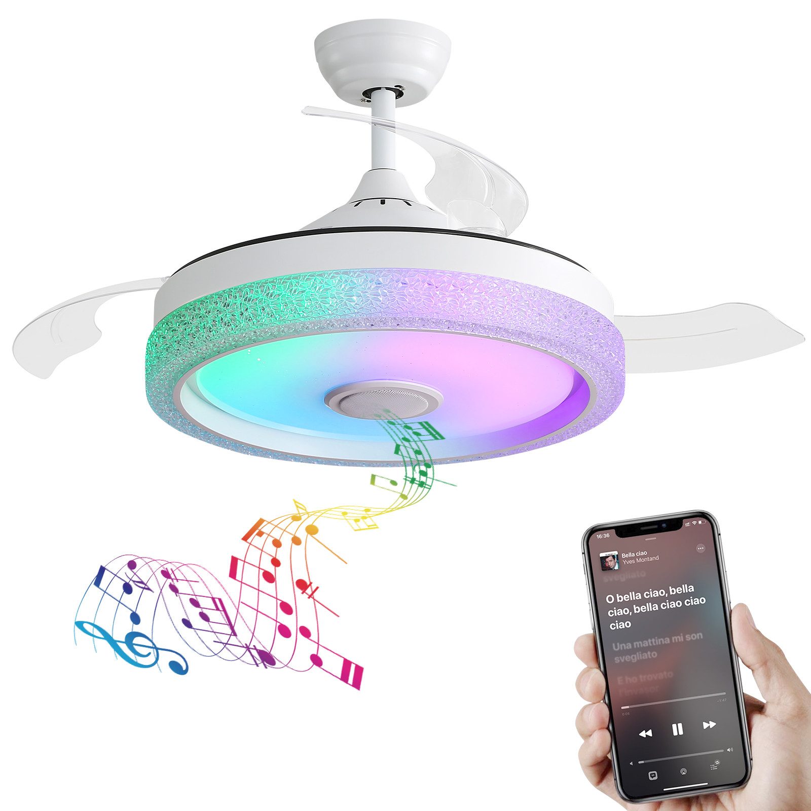 Blossom Deckenventilator Deckenventilator mit Beleuchtung 42 Zoll LED DC Motor RGB Bluetooth, Deckenventilator unsichtbar 3 ABS Flügel Fernbedienung modern