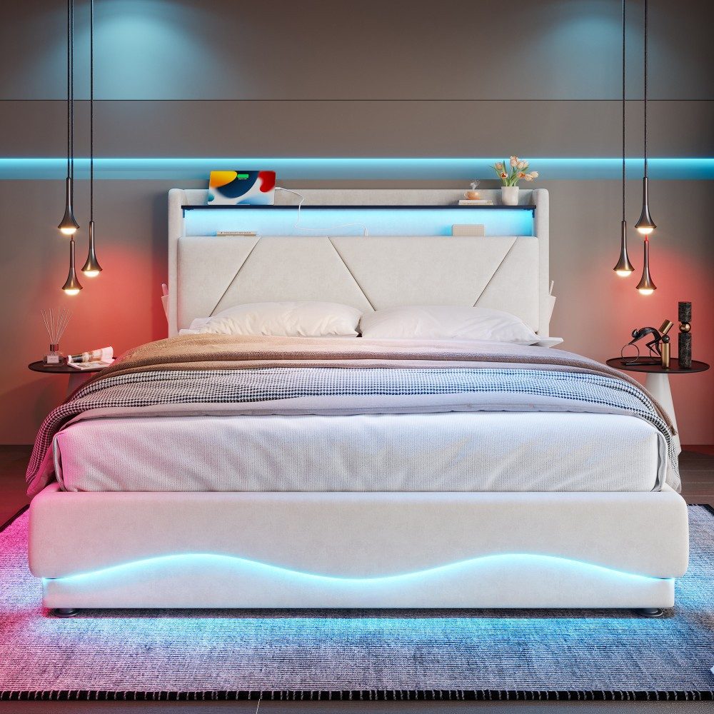 TavilaEcon Boxspringbett Modernes Polsterbett mit Stauraum im Kopfteil und LED-Beleuchtung (1-St), mit Lattenrost, USB- und Type-C-Anschlüsse – Bild 2 von 5