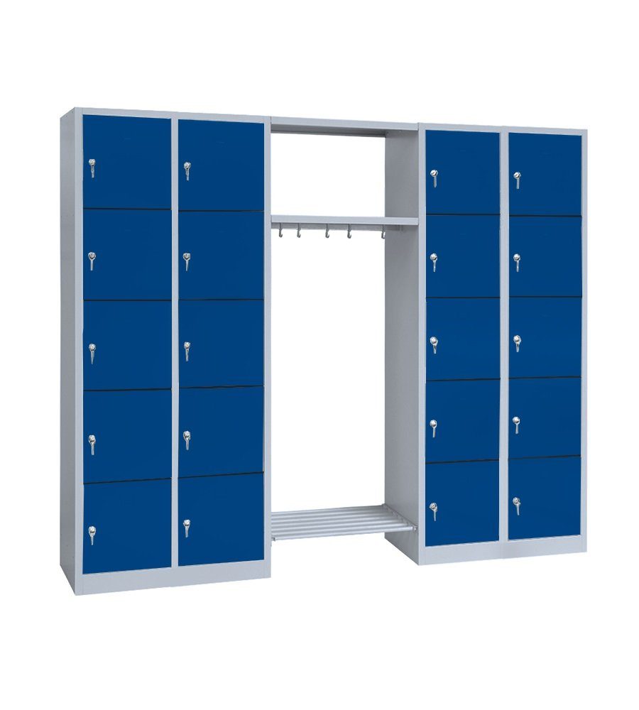 Steelboxx Fächerschrank Schließfachgarderobe Spind Garderobe mittig 20 Fächer-Spint Grau/Blau (1-St) werden