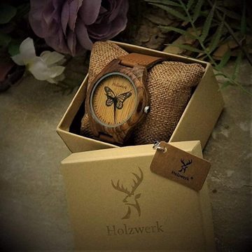 Holzwerk Quarzuhr MONARCH Damen Leder & Holz Armband Uhr, Schmetterling Muster, braun