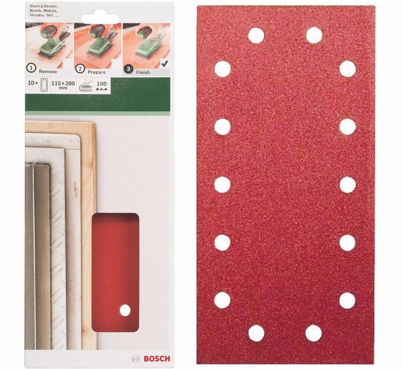 BOSCH Schleifpapier Schleifblatt Klett 10 x, 115 x 280 mm, K 180 für Schwingschleifer
