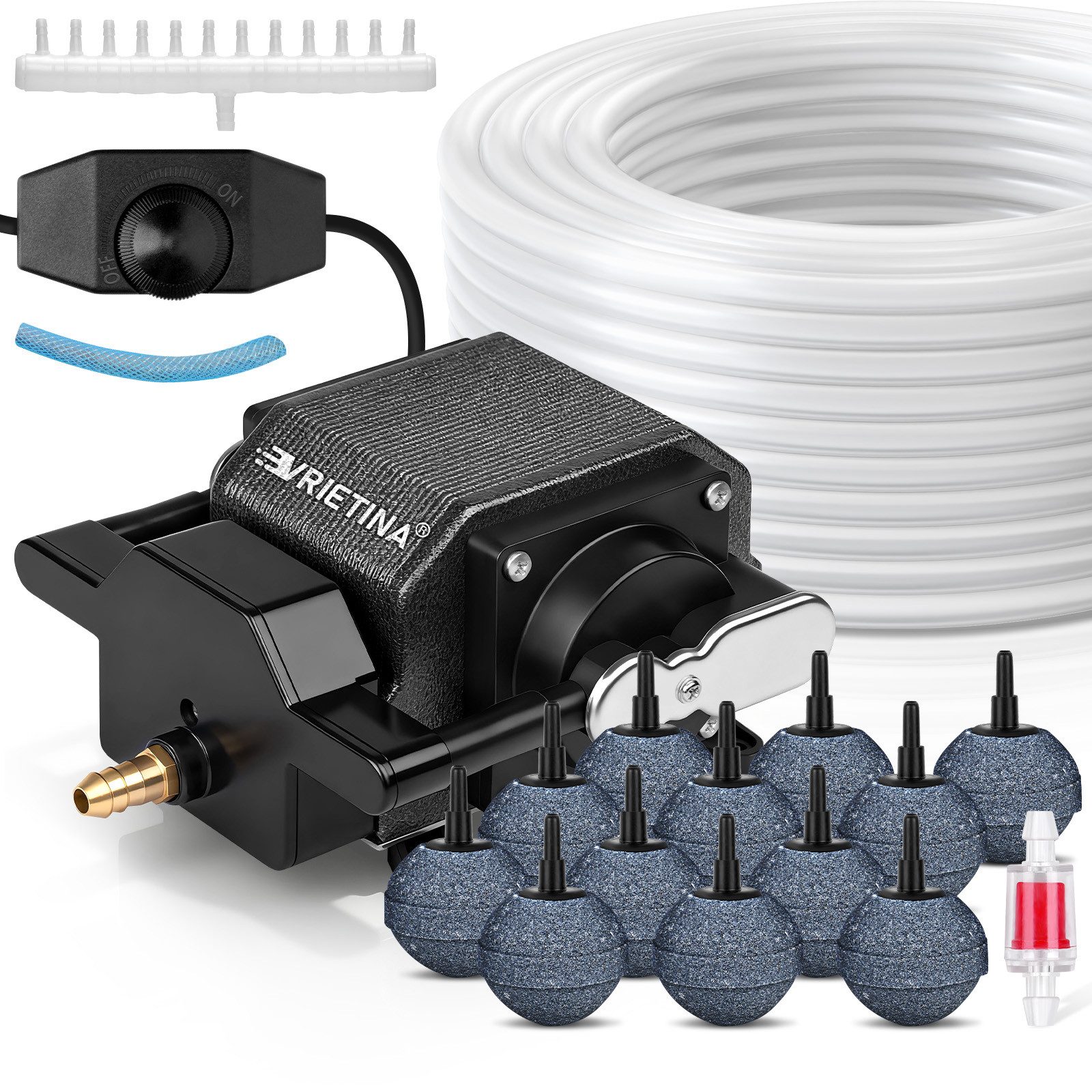 XERSEK Luftpumpe Aquarium Teichbelüfter mit Dual-Kanal-Kupfermotor Teichbelüftungspumpe (inkl.12 Luftstein 50M Luftschlauch Aluminiumgehäuse Luftmenge Regelbar), Durchflussrate 80L/Min, Für Großen Aquarien Teichen Hydrokultur