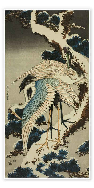 Posterlounge Poster Katsushika Hokusai, Kraniche auf schneebedeckter Kiefer, Japan, ca. 1834, Wohnzimmer Illustration