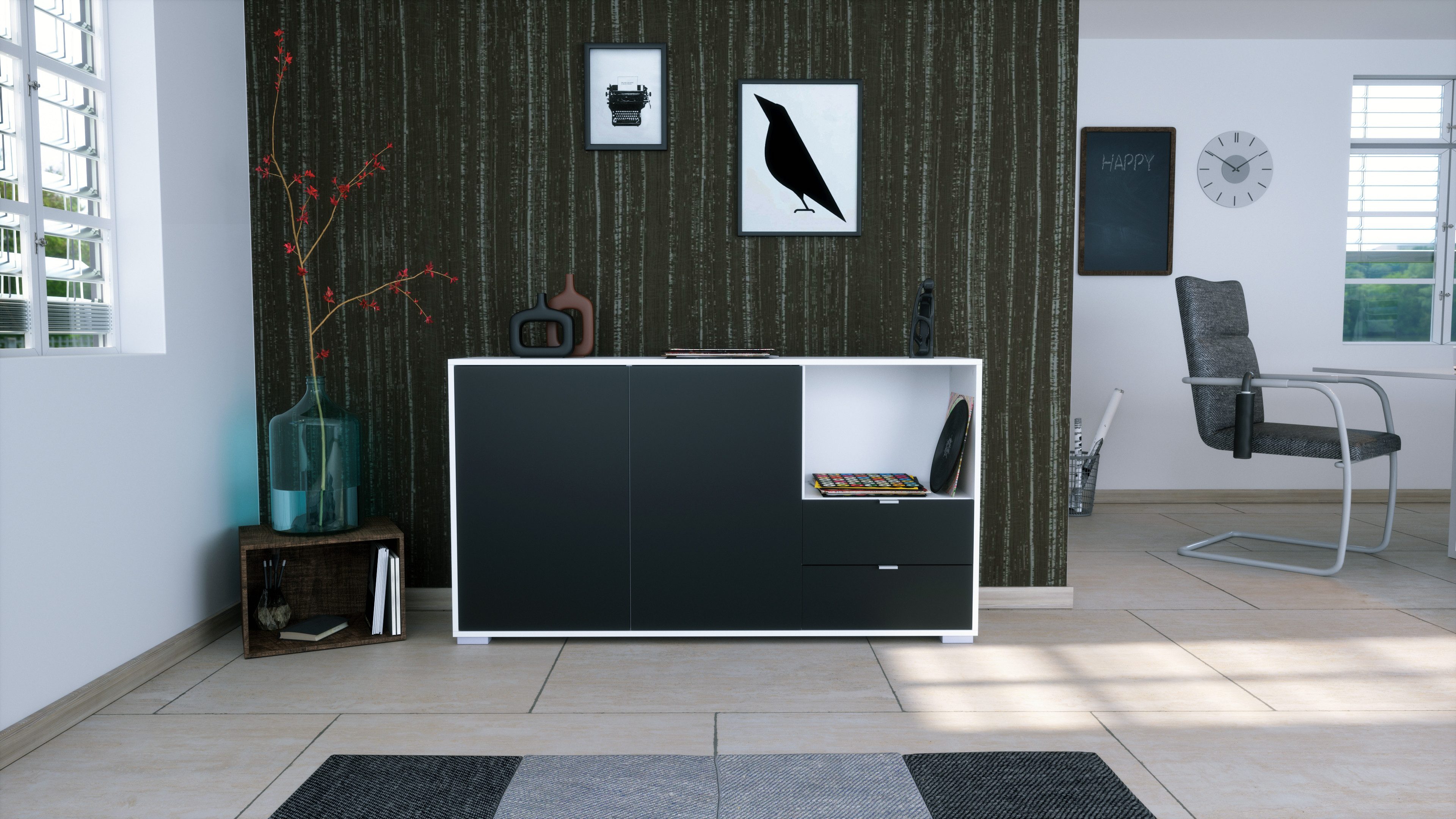 Vladon Sideboard Milano (Kommode mit 2 Türen Schwarz matt, 2 Schubladen Schwarz matt, Made in Germany), Korpus Weiß matt (152,5 x 83 x 37 cm)