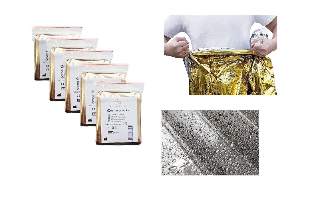 Lauroo Erste-Hilfe-Set Notfall Rettungsdecke – 160x210 Gold/Silber Wärmefolie Sonnenschutz, (160x210 cm Gold/Silber, 5 St), Wiederverwendbar & reißfest Wasser- & winddicht