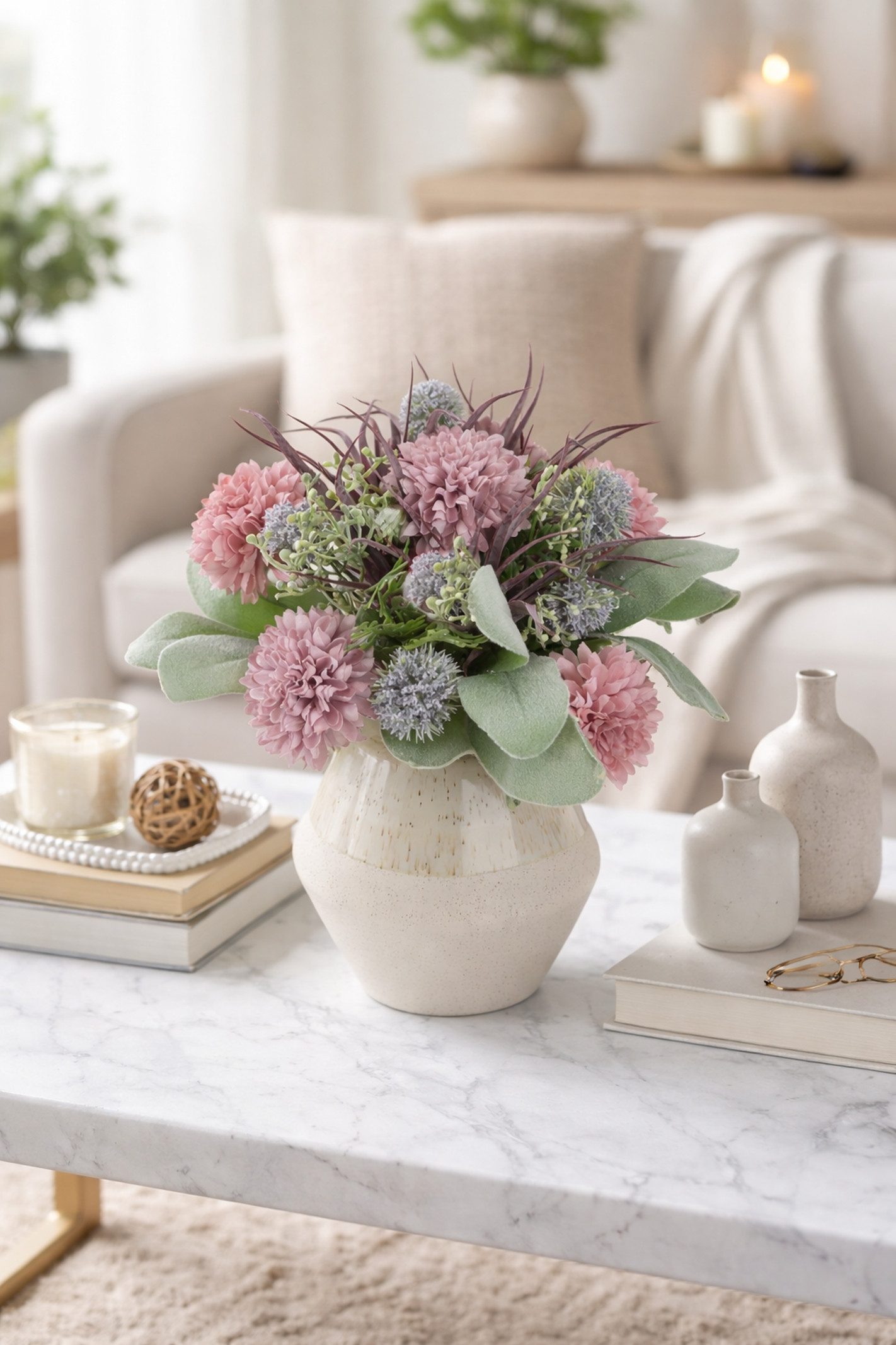 Kunstblume Gesteck aus Dahlien und Allium, I.GE.A., Höhe 21 cm