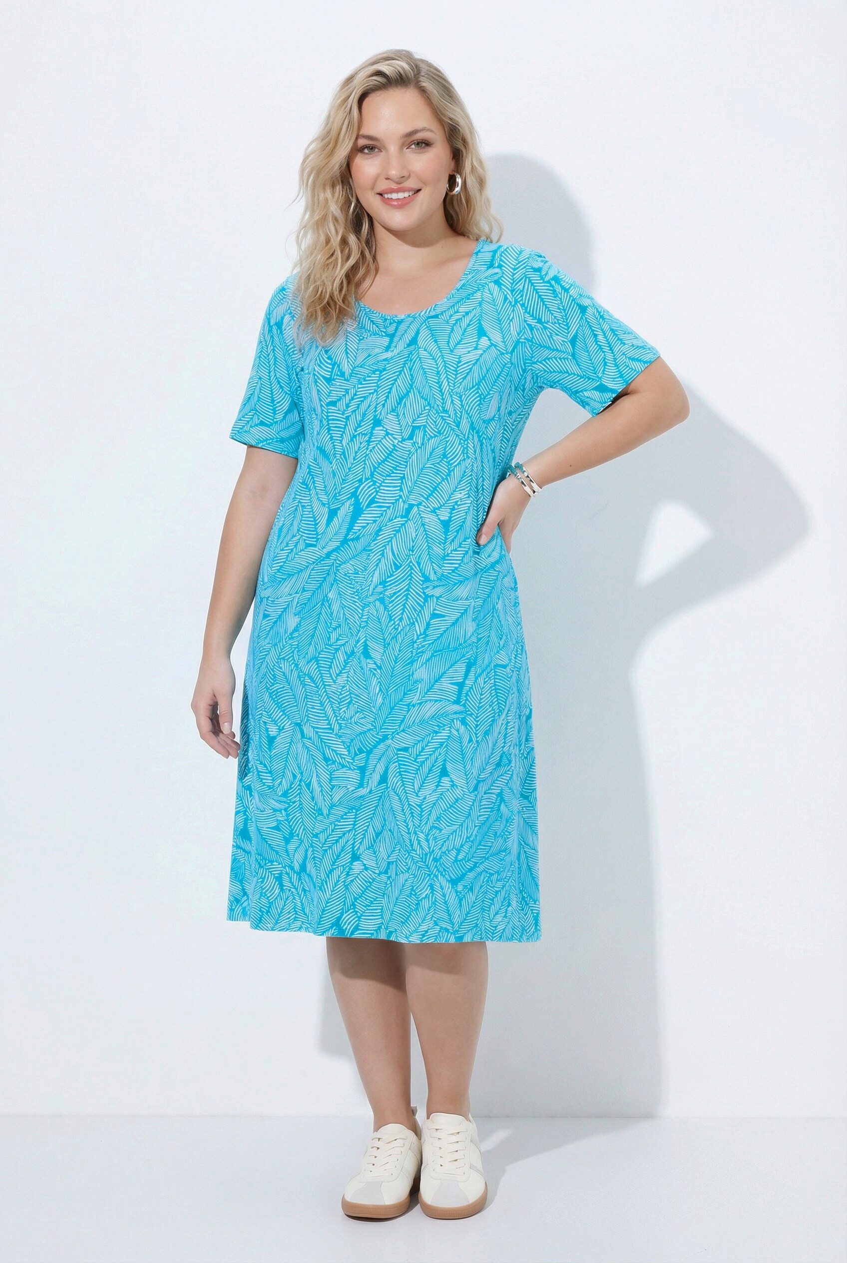 Ulla Popken Jerseykleid Jerseykleid Blätter A-Linie Rundhals Halbarm