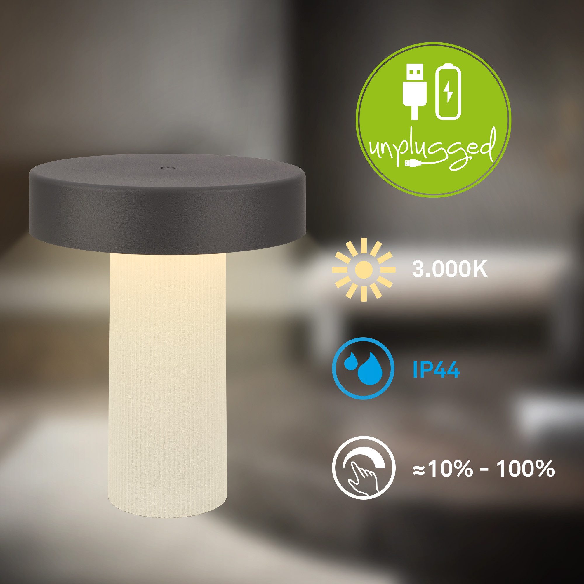 Briloner Leuchten LED Tischleuchte Tischlampe kabellos Akku USB-C dimmbar Touch, LED wechselbar, 2700K - Extra-Warmweiß, 16x20 cm, Akku tauschbar, Indoor/Outdoor, Wohnzimmer, Balkon