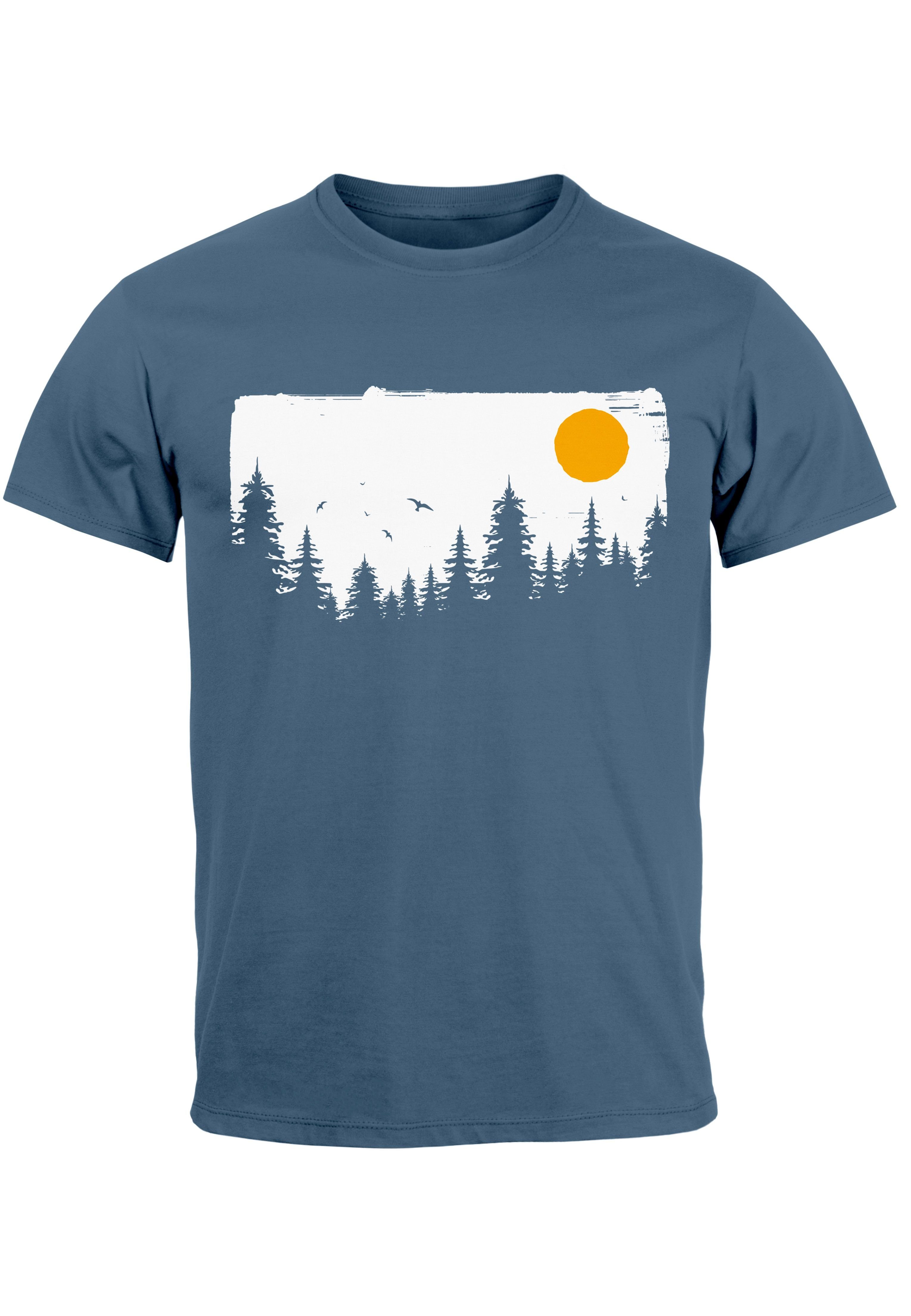 Neverless Print-Shirt Herren T-Shirt Wald Bäume Outdoor Adventure Abenteuer Natur-Liebhaber mit Print denim blue