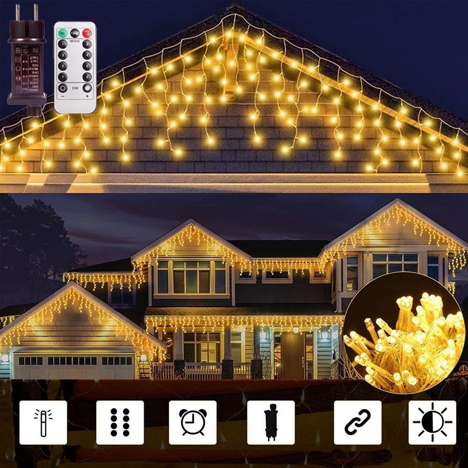 XERSEK LED Nachtlicht 200/400/600 flammig LED Eisregen Lichterkette Außen/innen,  5M/10M/15M, Eisregen Lichtervorhang Weihnachtsbeleuchtung, 8 Modi, Timer,  Lichterkette mit Fernbedienung, Weihnachts Deko, Balkon Warmweiß  Wasserdicht, Warmweiß, 8 Modi