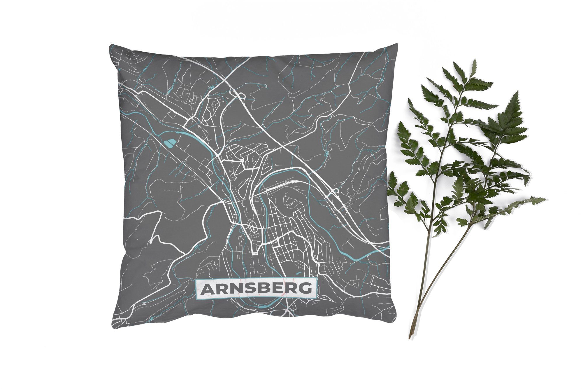MuchoWow Dekokissen Stadtplan - Karte - Arnsberg - Blau - Deutschland - Karte, Zierkissen mit Füllung für Wohzimmer, Schlafzimmer, Deko, Sofakissen