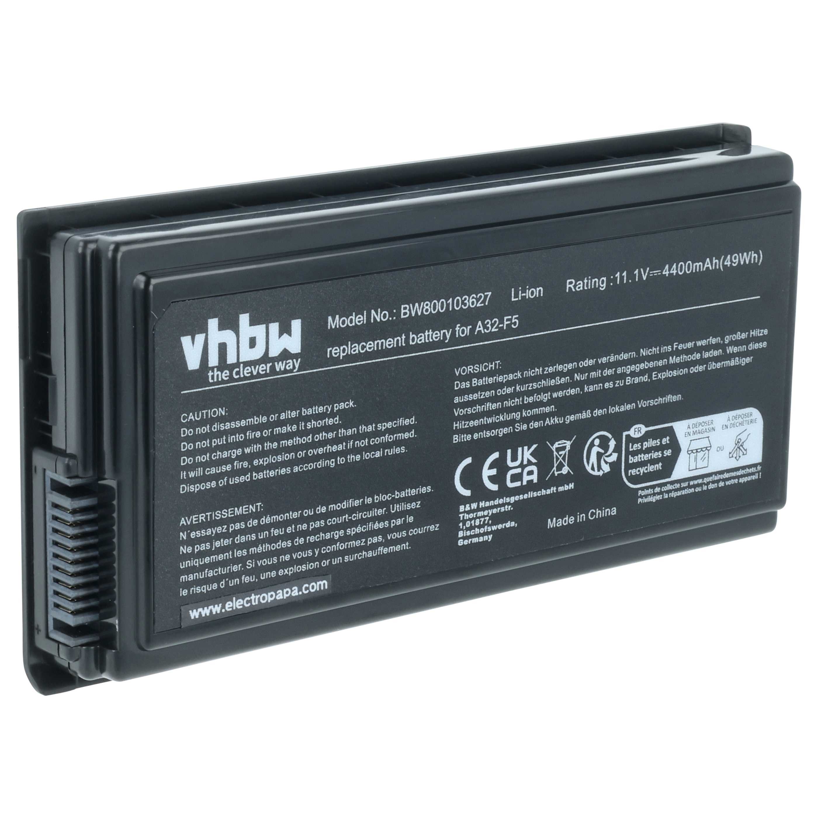vhbw Akku passend für Asus F5, F5SR, F5M, F5GL, F5R, F5N, F5RL-AP060C, Laptop-Akku Akku Li-Ion 4400 mAh (11,1 V, 1 St), Leistungsfähiger Austausch-Akku für Notebook, Wiederaufladbar, Jede