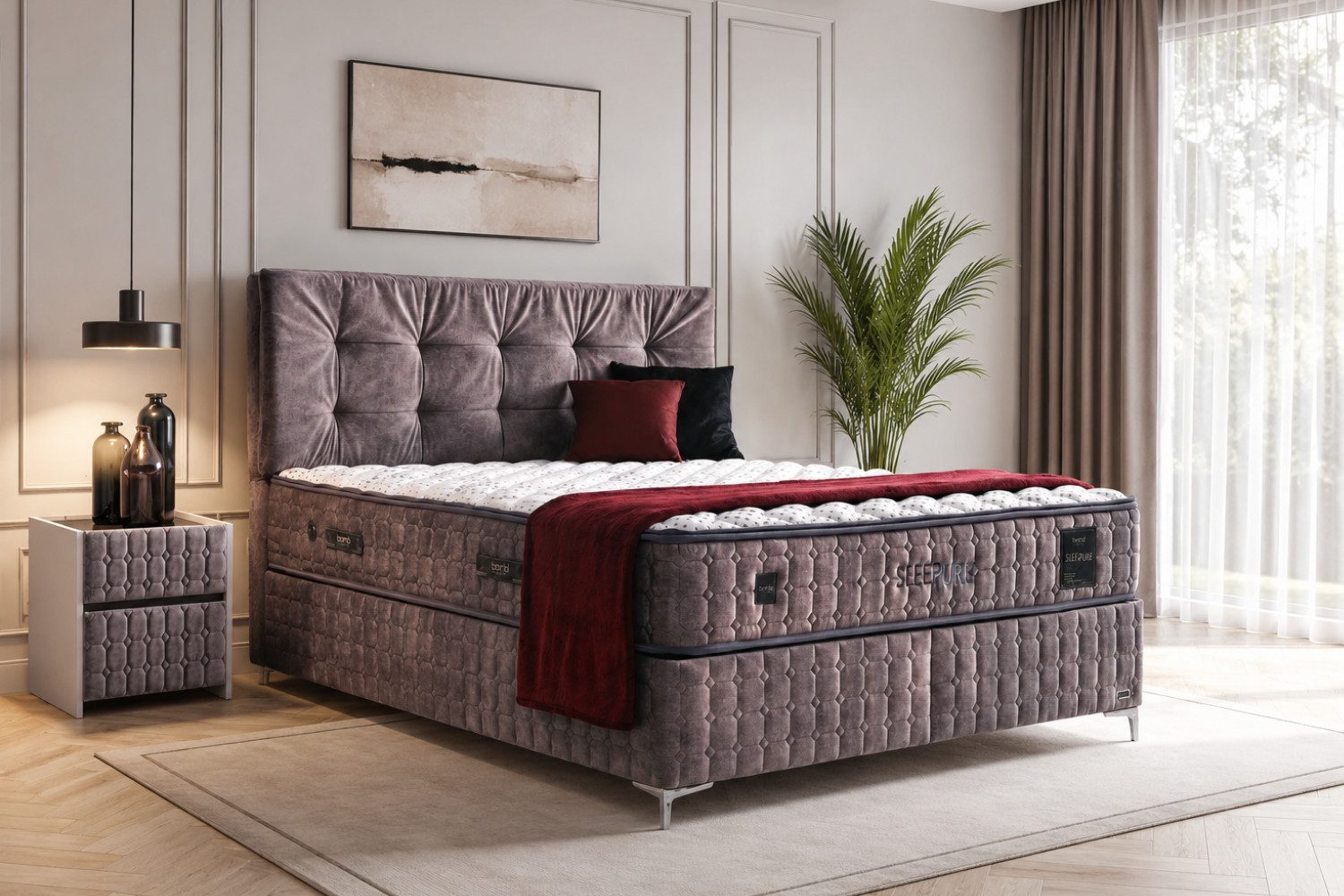 BAMBI YATAK Boxspringbett, Bambi Sleepure, Bett mit Bettkasten, Matratze & Stauraum, H3/H4 Fest (120x200 Taschenfederkern Matratze, 1 x Matratze, 2 x Bettkasten, 1 x Bettkopfteil), Abnehmbarer & Waschbarer Topper mit Reißverschluss, Matratzenhöhe:31cm