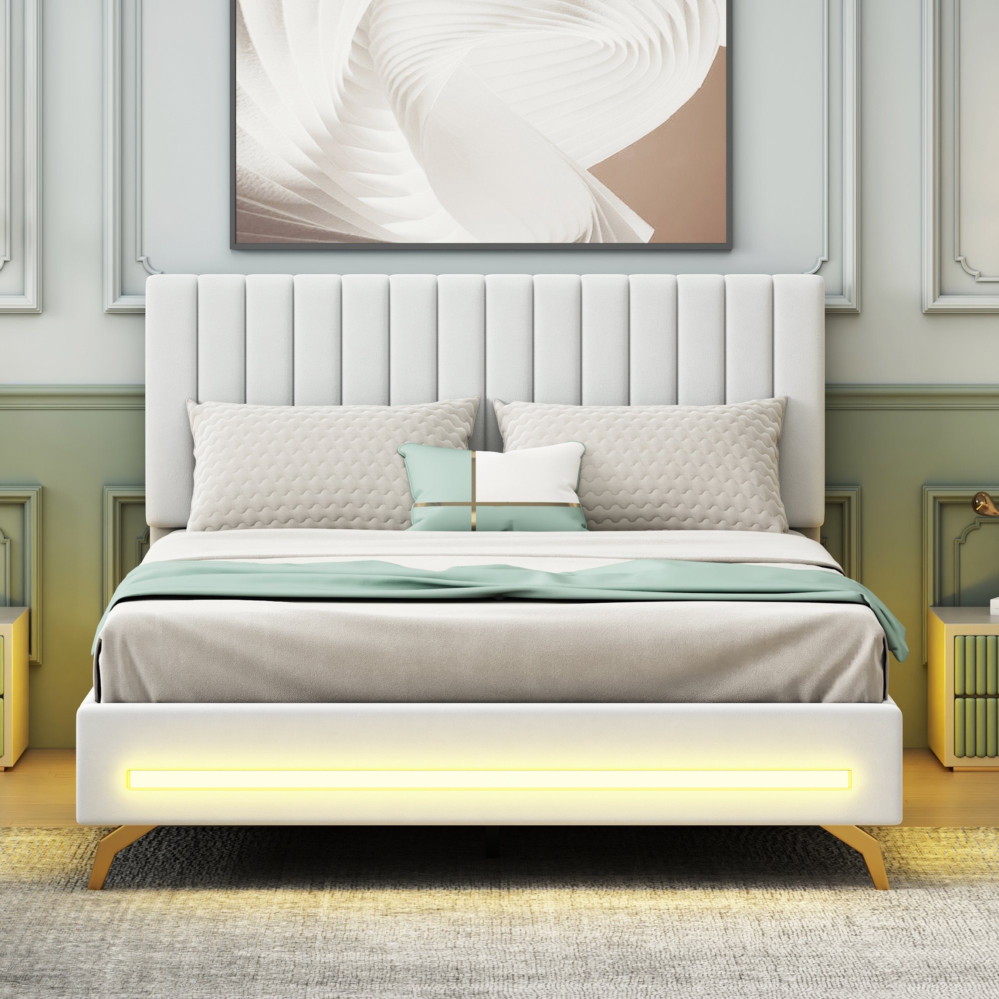 Polsterbett (Doppelbett), mit verstellbarem Kopfteil und LED Beleuchtung, Samt, 140x200cm