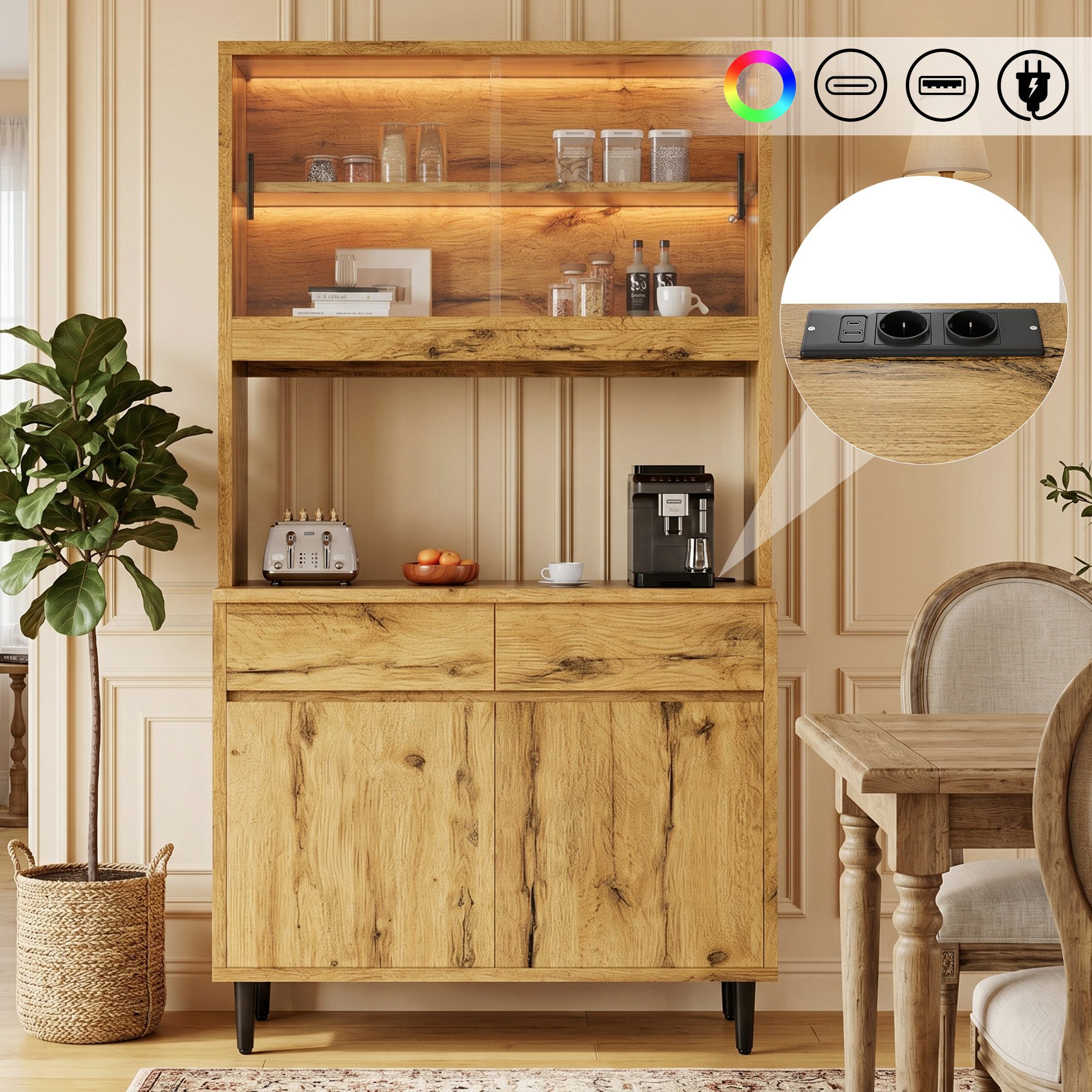 Flieks Küchenbuffet Hochschrank mit Arbeitsplatte, Steckdosen, LED-Beleuchtung (B100/T40/H185 cm, 1-St., Mehrzweckschrank mit USB-C- und USB-A-Anschlüssen) Küchenschrank mit Glas-Schiebetür, verstellbarer Ablagen Eichenfarbe