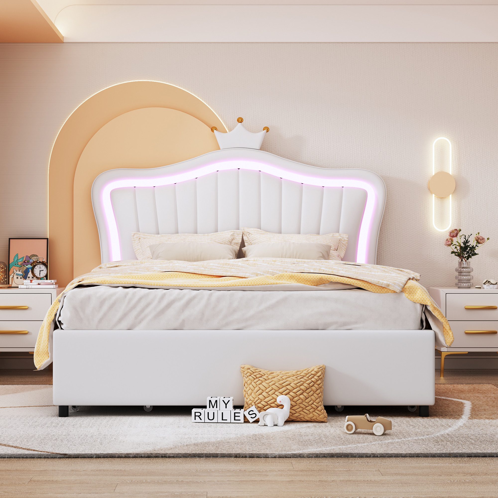 Odikalo Polsterbett Jugendbett Doppelbett 140×200 mit LED (mit gepolstertem Kopfteil, mit 4 seitlichen Stauraumschubladen,Sparen Sie Speicherplatz geeignet für Schlafzimmer)