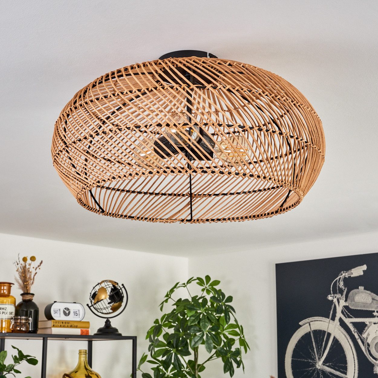 hofstein Deckenleuchte moderne Deckenlampe aus Metall/Rattan in Schwarz/Natur, ohne Leuchtmittel, Boho-Design Deckenleuchte,Lichteffekt, Ø50cm, 3xE27, ohne Leuchtmittel