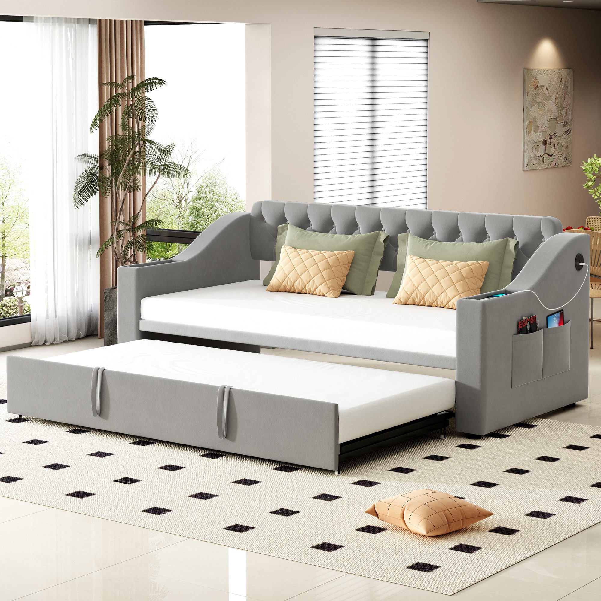 STILVORA Schlafsofa Polsterbett 90×200+180×190 Jugendbett mit USB,Tagesbett ausziehbares, mit USB-Ladeanschluss, breiten Armlehnen und integriertem Stauraum – Ausziehbar 90x190 cm, Mit Lattenrost 90/180*190 cm, Perfekt für Gästezimmer und Wohnzimmer