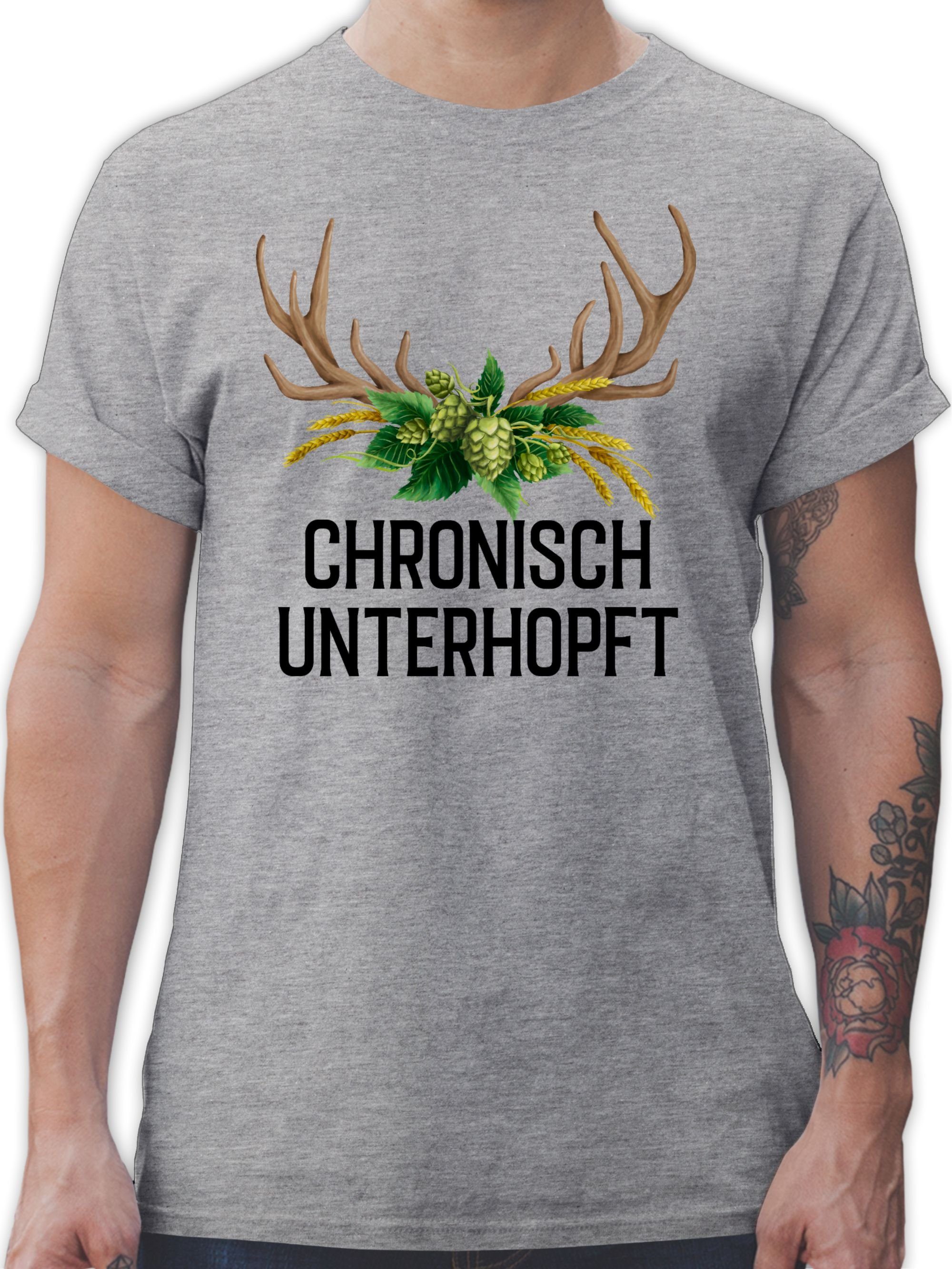 Shirtracer T-Shirt Chronisch unterhopft - Hirschgeweih Weizen und Hopfen Mode für Oktoberfest Herren 03 Grau meliert