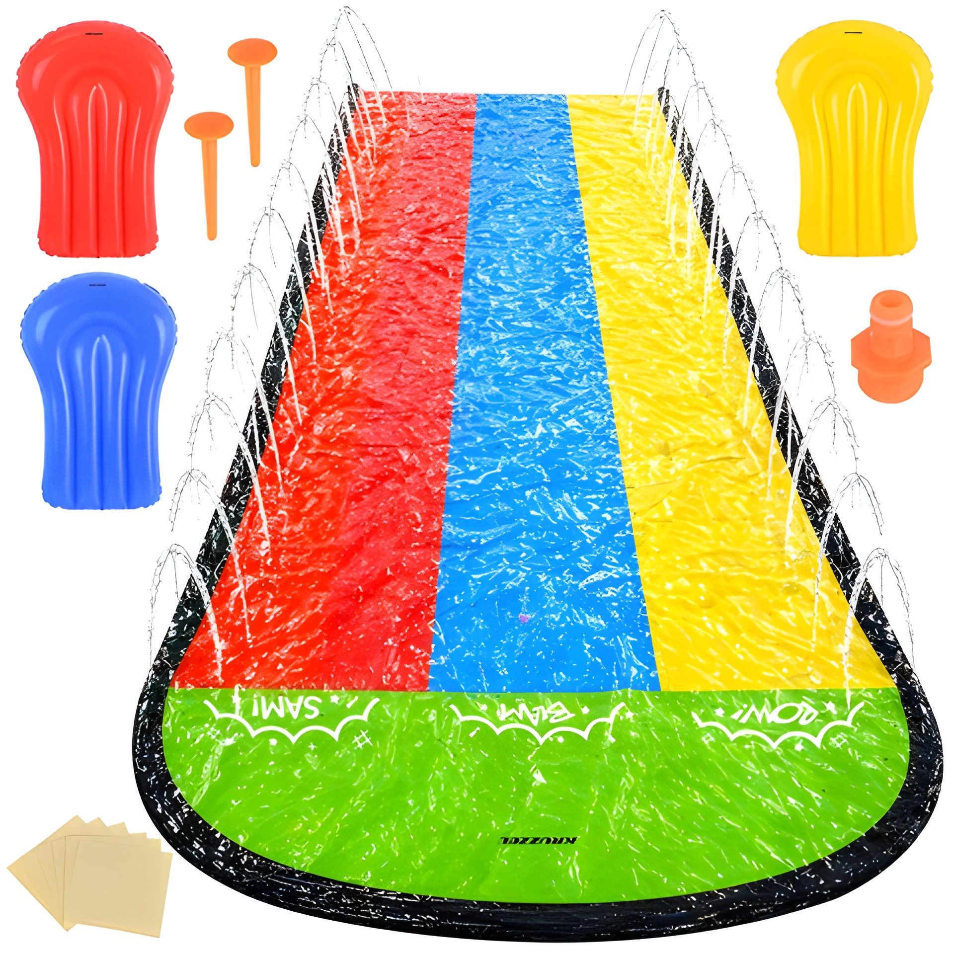 KRUZZEL Wasserrutsche Slip n Slide 1-3 Bahnen, (Wasserrutschen-Set, 7 St., 1 Wasserrutsche, 3 aufblasbare Bretter, 2 Anker, Reparaturflicken), inklusive 3 aufblasbarer Bretter