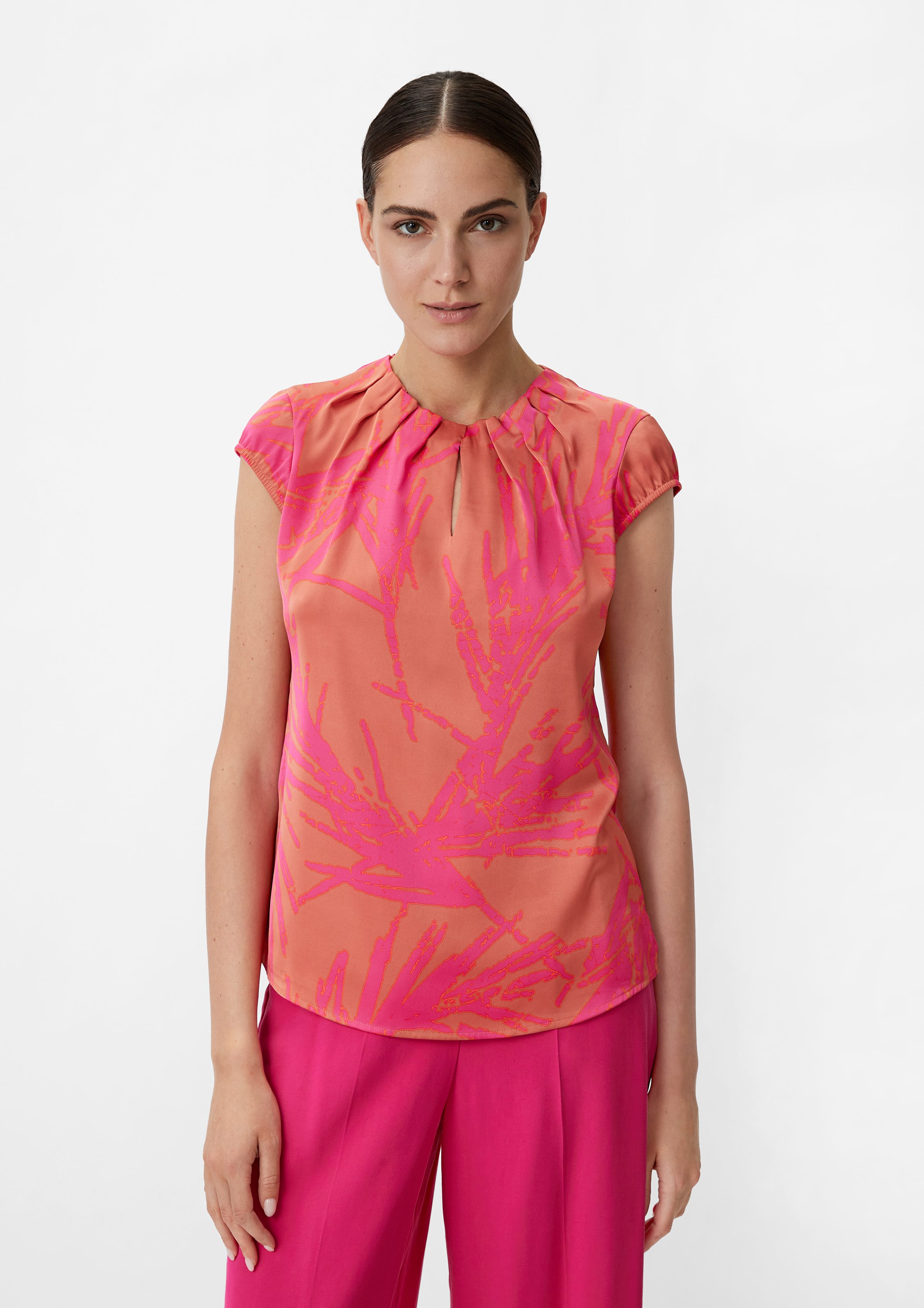 Comma Kurzarmbluse Bluse mit All-over-Print Raffung pink