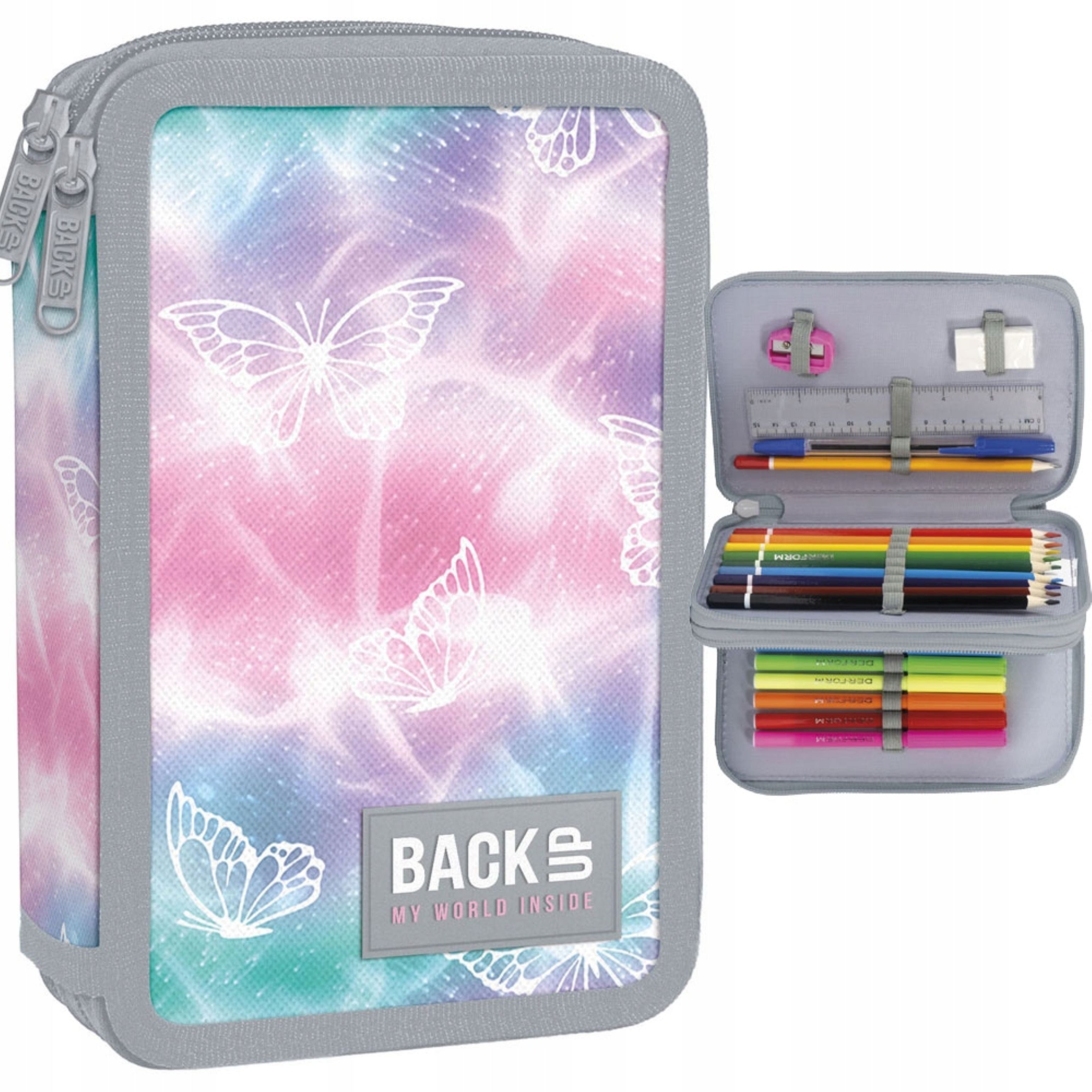 Future By Backup Federmäppchen BackUP Federmäppchen 2 Fächer mit Inhalt – Pastell Schmetterlinge