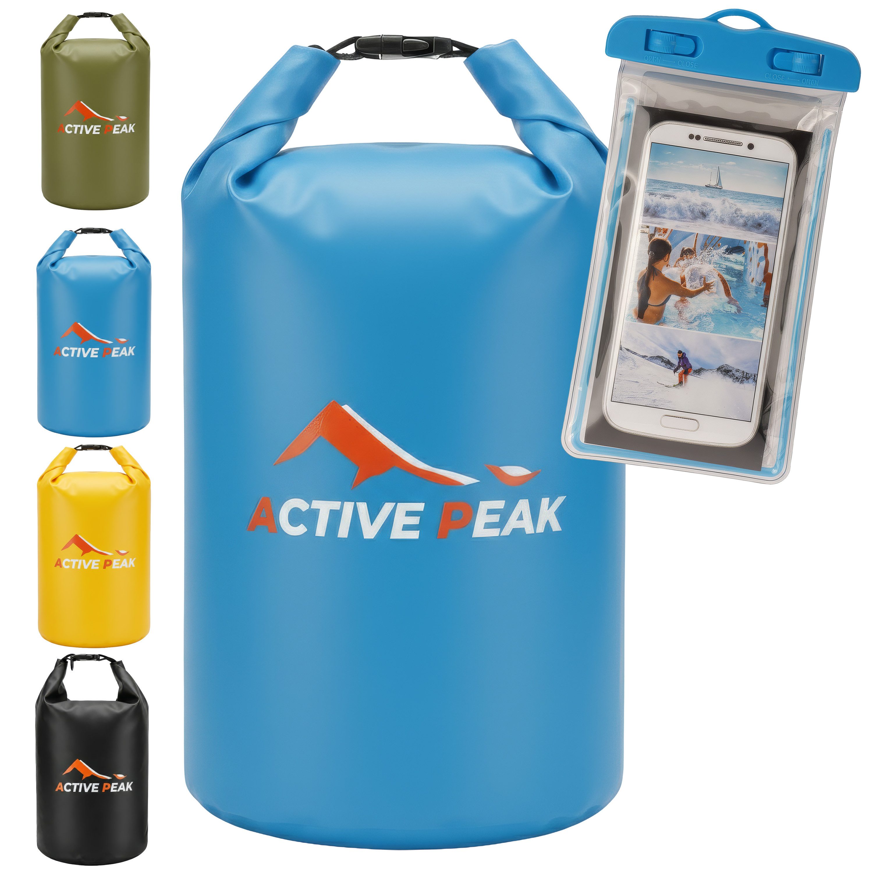 Active Peak Drybag Wasserdichte Tasche & Packsack (inkl. Wasserdichter Smartphone Hülle, 2-tlg), Waterproof Bag Seesackfür SUP, Kajak, Strand, Wassersport, Outdoor uvm