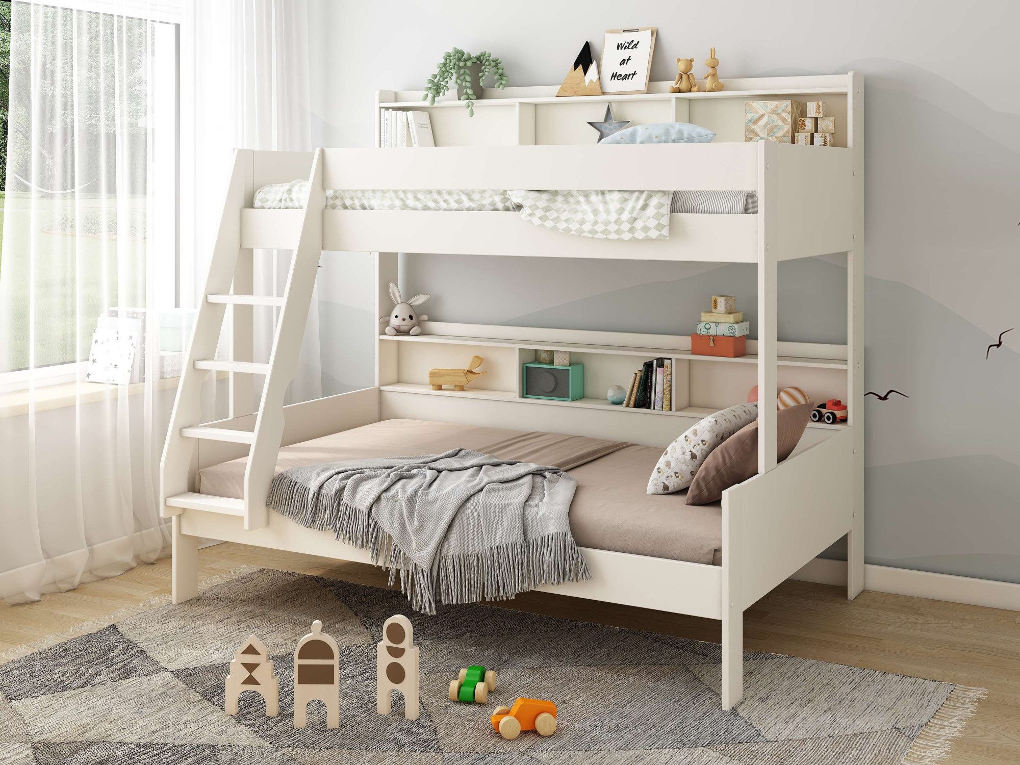 Lüttenhütt Jaime II bunk bed, bunk bed, plenty of storage space, with shelves, solid wood with MDF (upper bed 90x200cm, lower bed 120x200cm), wide sleeping area on the lower bed, FSC® certified, Made in the EU, 3rd sleeping space optional